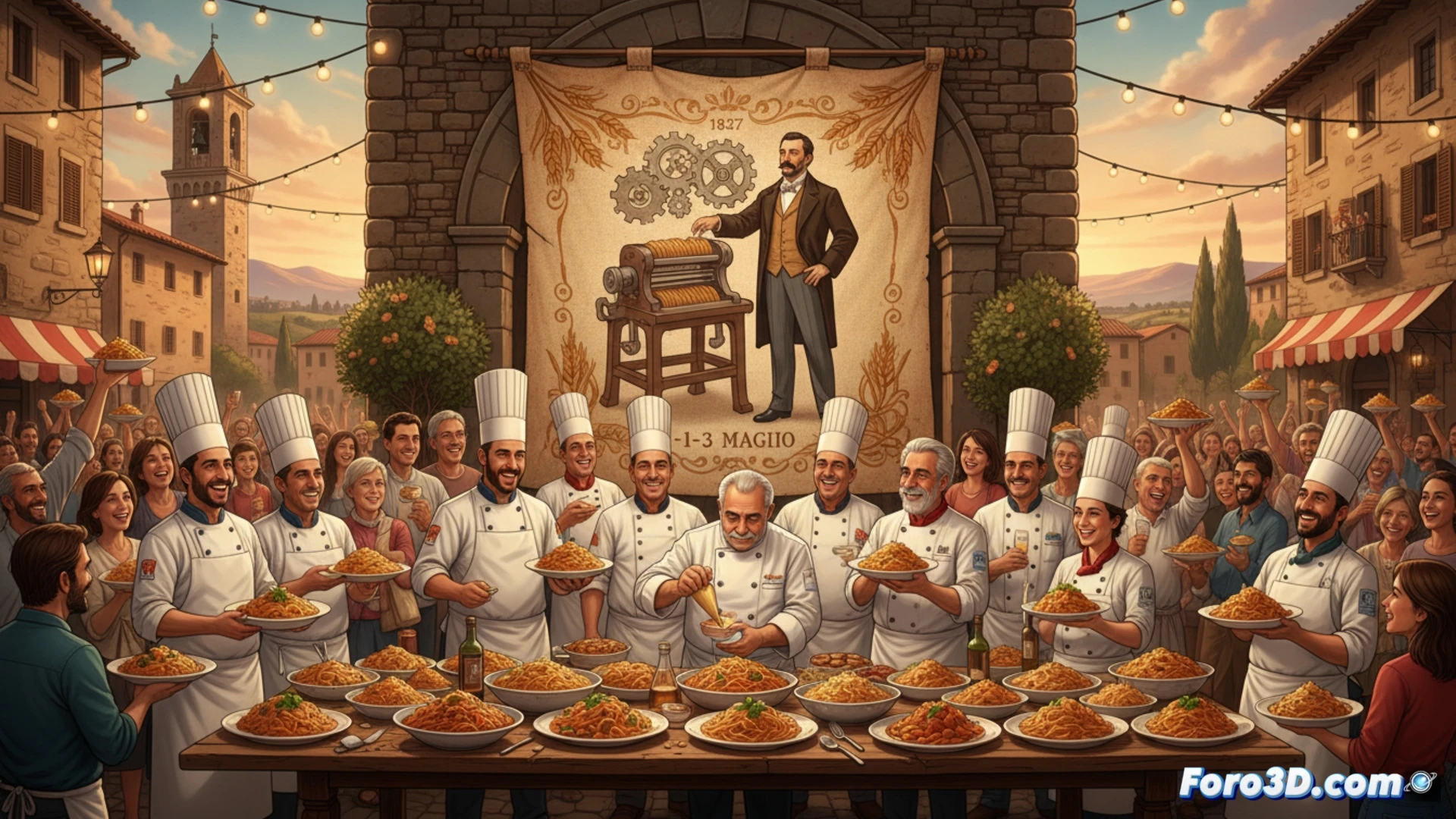 Una vibrante mesa festiva en Sansepolcro, con chefs con estrellas Michelin y pasta artesanal, honrando el legado de Giovanni Buitoni y el primer pastificio industrial italiano.