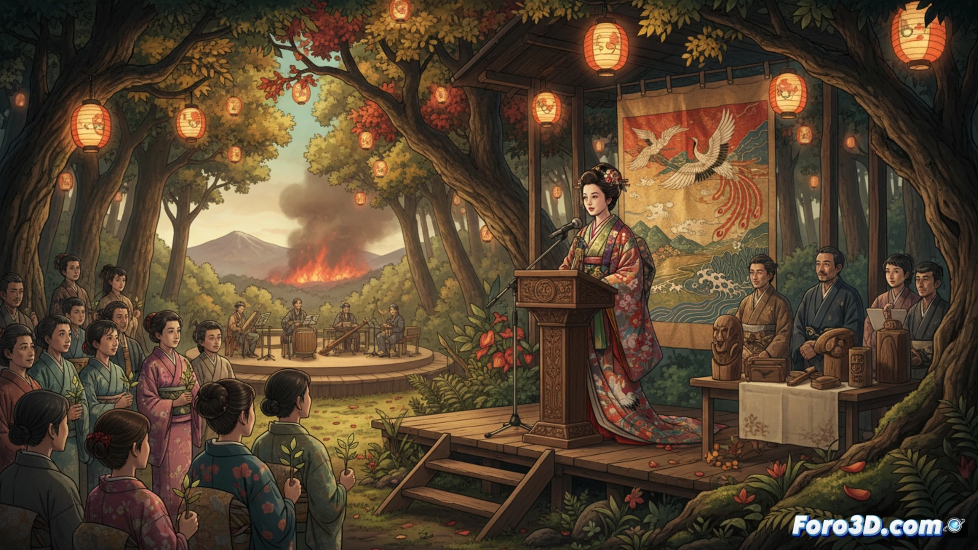 Princesa japonesa en kimono preside festival forestal, junto a artesanos de la madera, entre árboles y un fondo de colinas verdes.