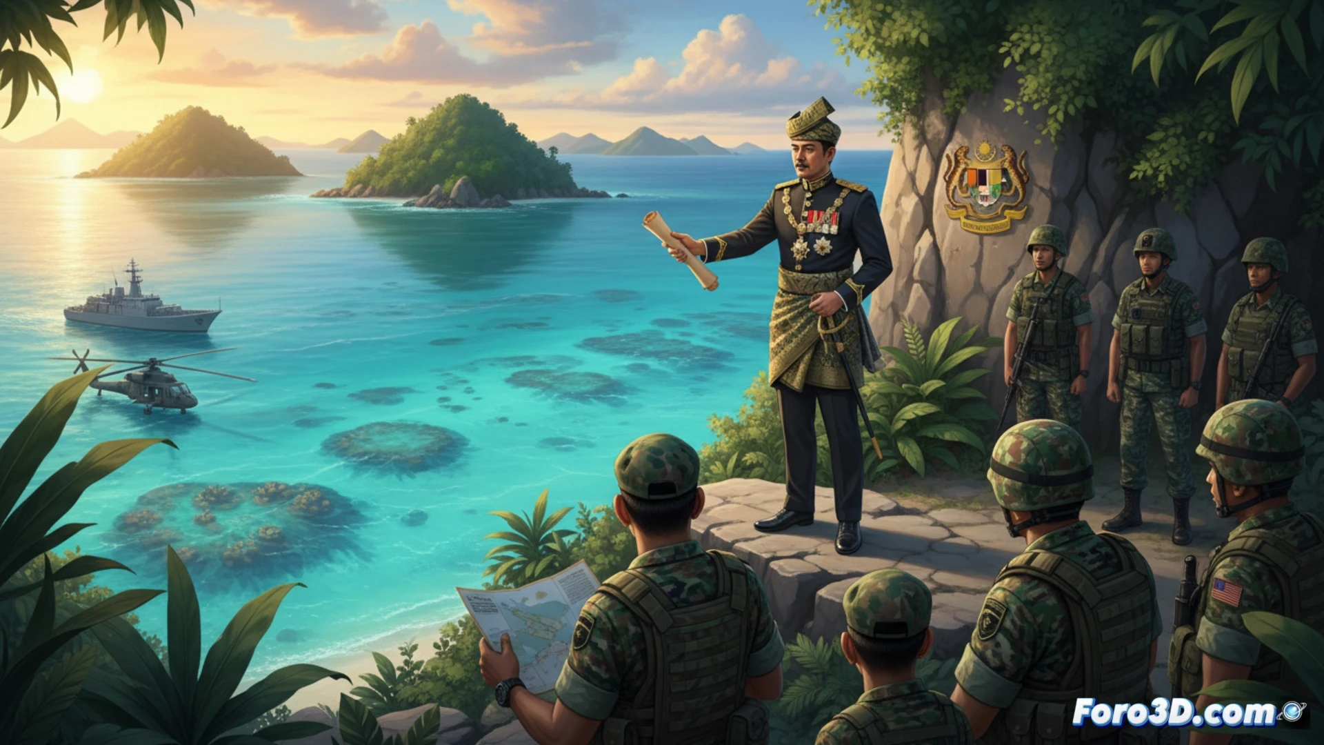 royal decree document being signed by a hand in formal attire, Malaysian military officers standing at attention with lowered heads, topographic map of Tioman and Tulai islands on a digital screen behind them, environmental impact assessment papers and satellite imagery spread on a polished wooden table, military patrol boats anchored offshore visible through a window, cinematic photorealistic technical illustration, dramatic palace interior lighting with warm gold tones, ultra-detailed fabric textures on ceremonial uniforms, serious respectful atmosphere, hyperrealistic architectural rendering style