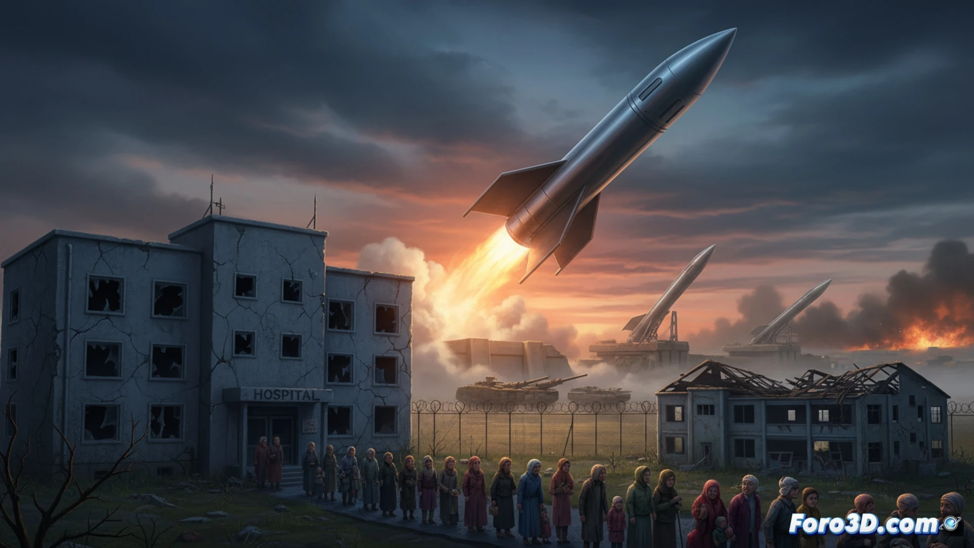 Photorealistic technical illustration of a split-scene dilemma: left side shows a military missile assembly line with polished metallic warheads and guidance systems being inspected by robotic arms, right side shows a crumbling hospital corridor with empty gurneys and broken medical monitors, a transparent budget pie chart hovers between both scenes showing defense spending dwarfing healthcare, cinematic lighting with cold blue tones on military side and warm amber on hospital side, dramatic shadows, ultra-detailed textures of steel and concrete, photorealistic engineering visualization