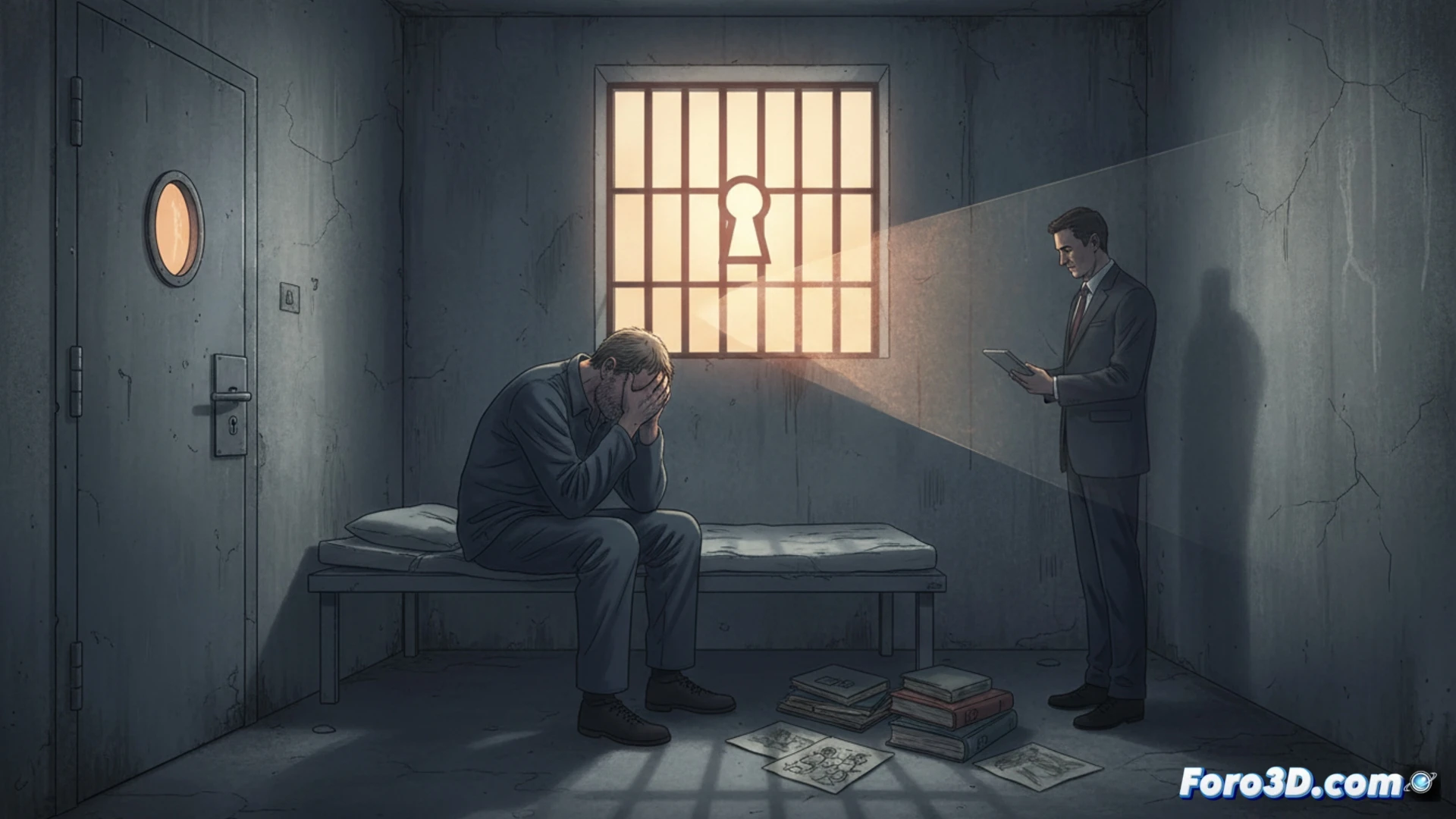 Descripción detallada (80-120 caracteres):  
Ilustración conceptual: un reloj de arena roto flota sobre una balanza de justicia; de un lado cae una pluma, del otro una cadena rota. Fondo gris con sombras de barrotes abiertos. Simboliza el debate entre castigo y reinserción.