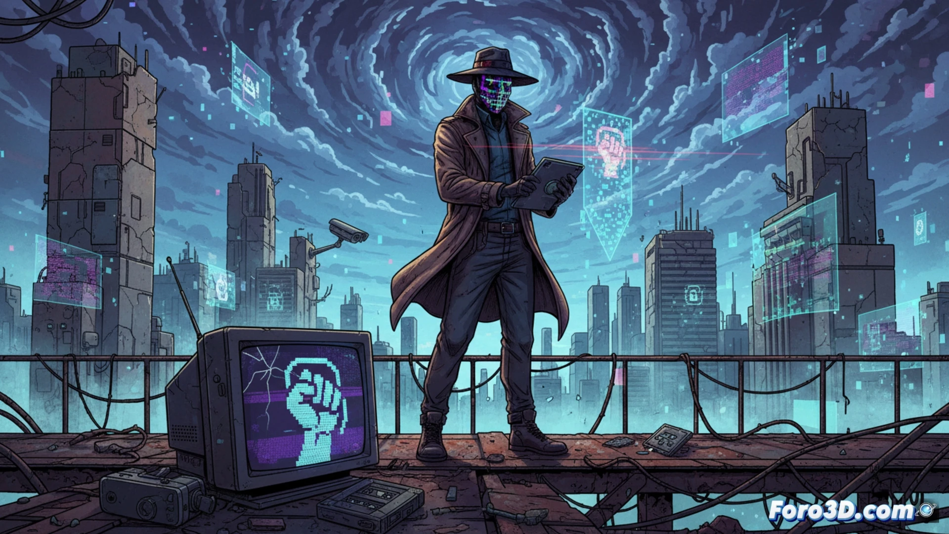 Portada de The Private Eye con detective pixelado y fondo de ciudad futurista desdibujada