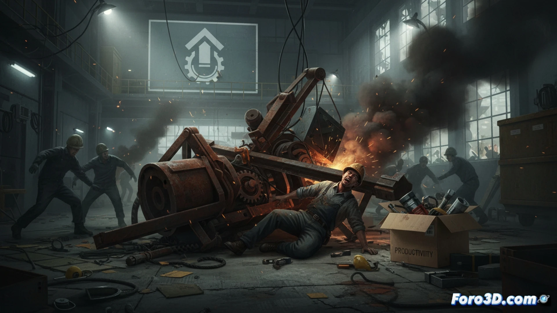 Explosion in chemical factory control room, warning siren lights flashing red, safety valve detached from corroded pipeline, toxic gas cloud forming near operator who falls backward from chair, crushed emergency stop button with missing guard rail, cracked pressure gauge showing critical levels, cinematic industrial accident scene, photorealistic engineering visualization, dramatic emergency lighting, sparks from exposed wiring, dust particles in air, ultra-detailed mechanical failure, high-contrast shadows, technical documentation style