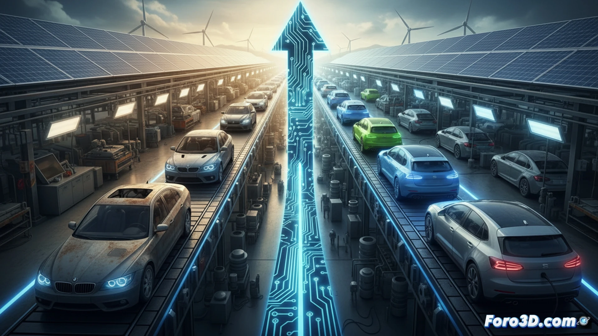 Automotive assembly line in Spain showing two parallel production tracks, left track with fewer finished combustion SUVs moving slowly while right track shows increasing flow of hybrid and electric vehicles with visible battery packs and charging ports, robotic arms installing electric motors during assembly process, glowing efficiency indicators on overhead monitors displaying rising electrified production percentages, industrial halogen lighting reflecting on metallic car bodies, photorealistic engineering visualization, dynamic conveyor belt motion blur, technical factory atmosphere