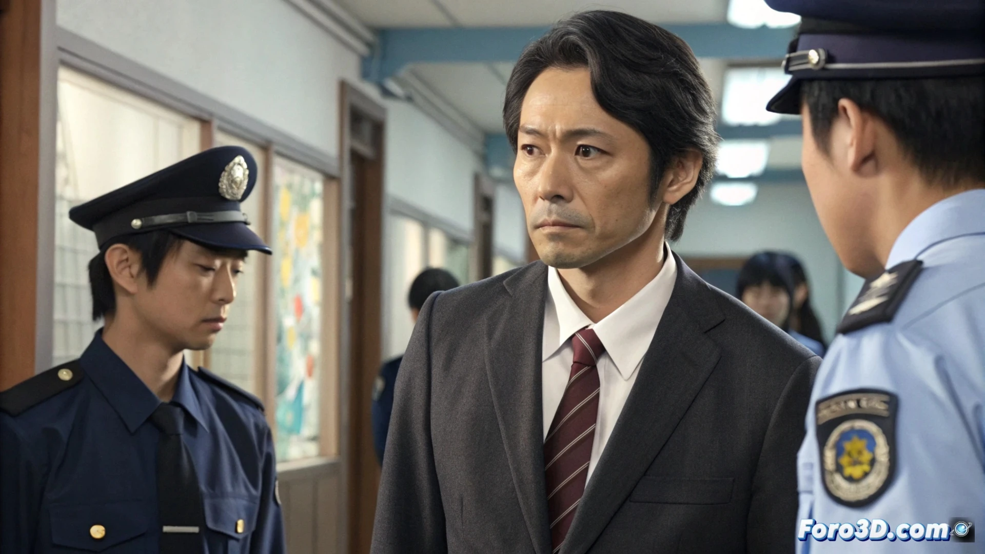 Un profesor esposado es escoltado por policías frente a una escuela secundaria en Saitama, con una adolescente llorando al fondo.