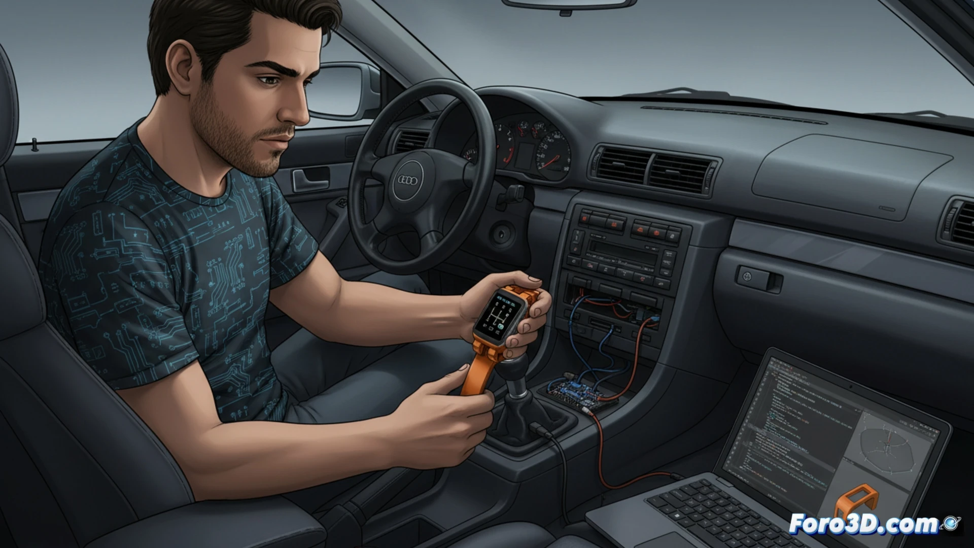 Audi A4 B5 cockpit interior conversion, TicWatch smartwatch mounted on gear shifter replacing original knob, 3D printed black plastic bracket holding watch securely, watch screen displaying WearOS gear shift control app with virtual H-pattern layout, human hand gripping watch while shifting gears, dashboard with analog gauges in background, steering wheel visible, sunlight streaming through windshield onto watch face, gyroscope and accelerometer data visualization overlay as glowing motion vectors around watch, photorealistic automotive interior render, cinematic lighting, metallic gear lever shaft, worn leather seats, technical engineering visualization