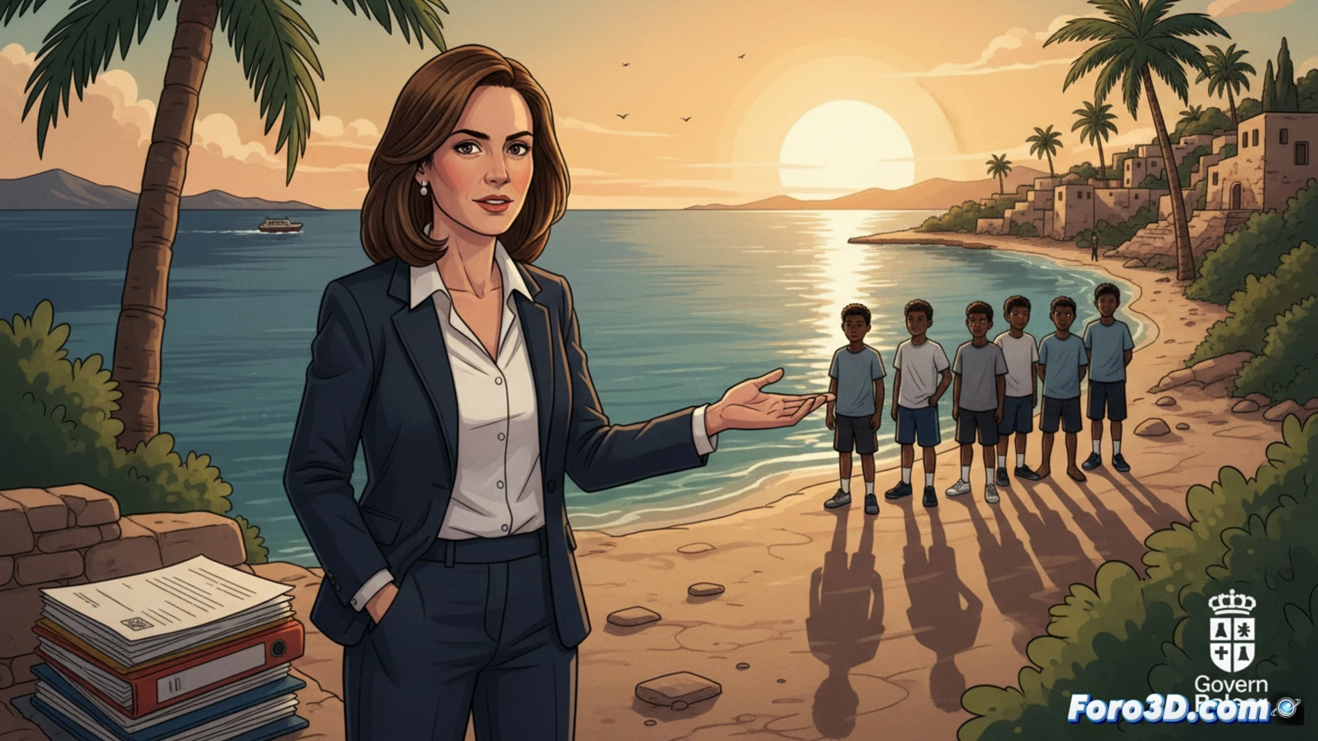 Marga Prohens en un hemiciclo parlamentario señalando un mapa de flujos migratorios, con cinco figuras juveniles cruzando una frontera marítima hacia Argelia, mientras un gráfico de barras muestra presión descendente sobre servicios sociales, estilo cinematográfico documental, iluminación dramática azul-gris, textura de papel oficial, pizarra digital con curvas de datos migratorios, fotorealismo técnico, composición diagonal dinámica, proceso de retorno destacado con líneas de ruta punteadas.