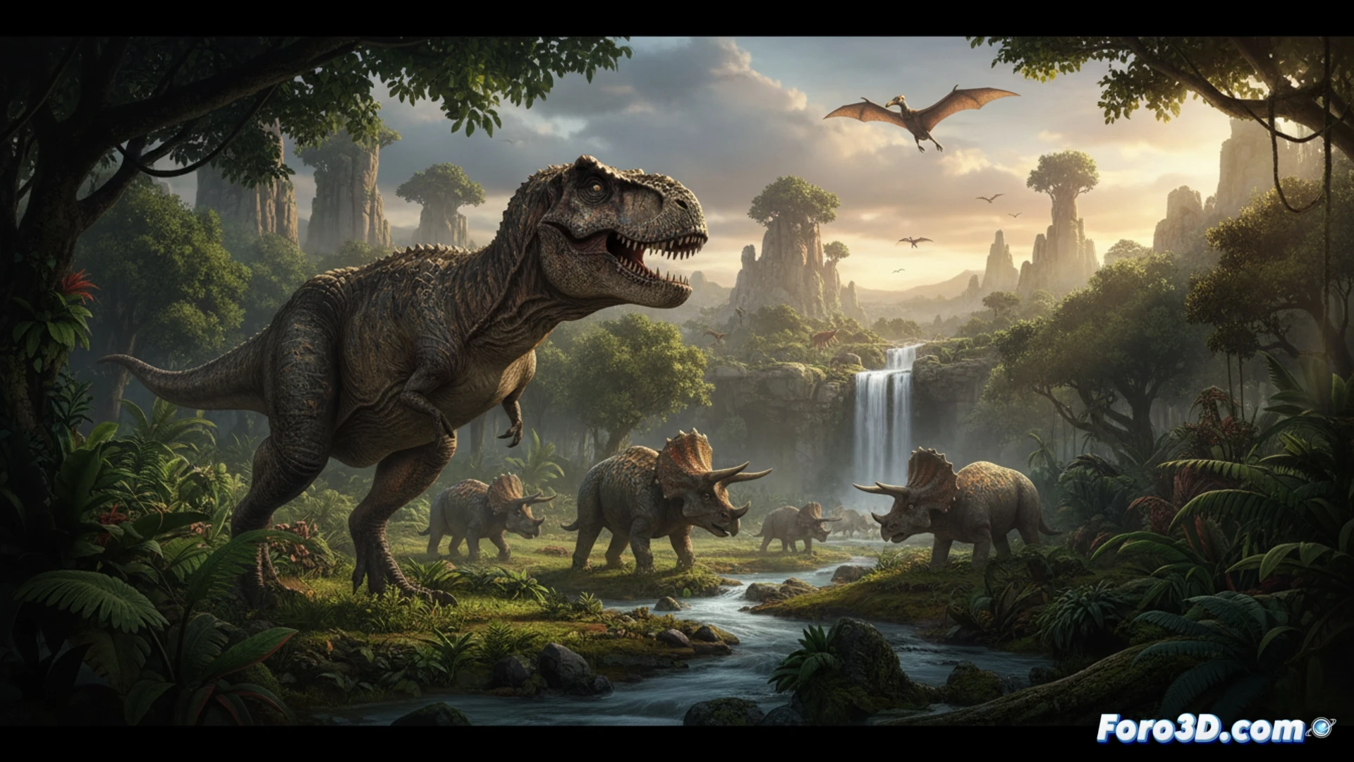 Dinosaurio tiranosaurio rex fotorrealista en selva densa con iluminación de Unreal Engine 5