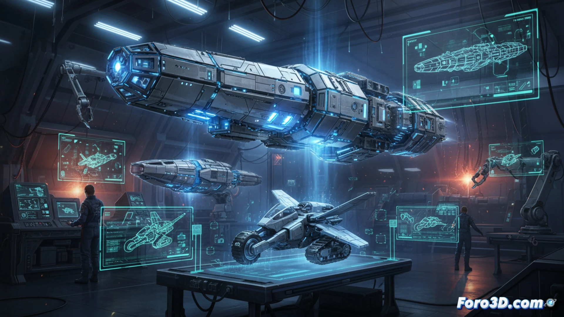 Vista previa de Project Falcon en navegador, con piezas de nave sci-fi arrastradas al viewport, opciones de ensamblaje y herramientas booleanas.