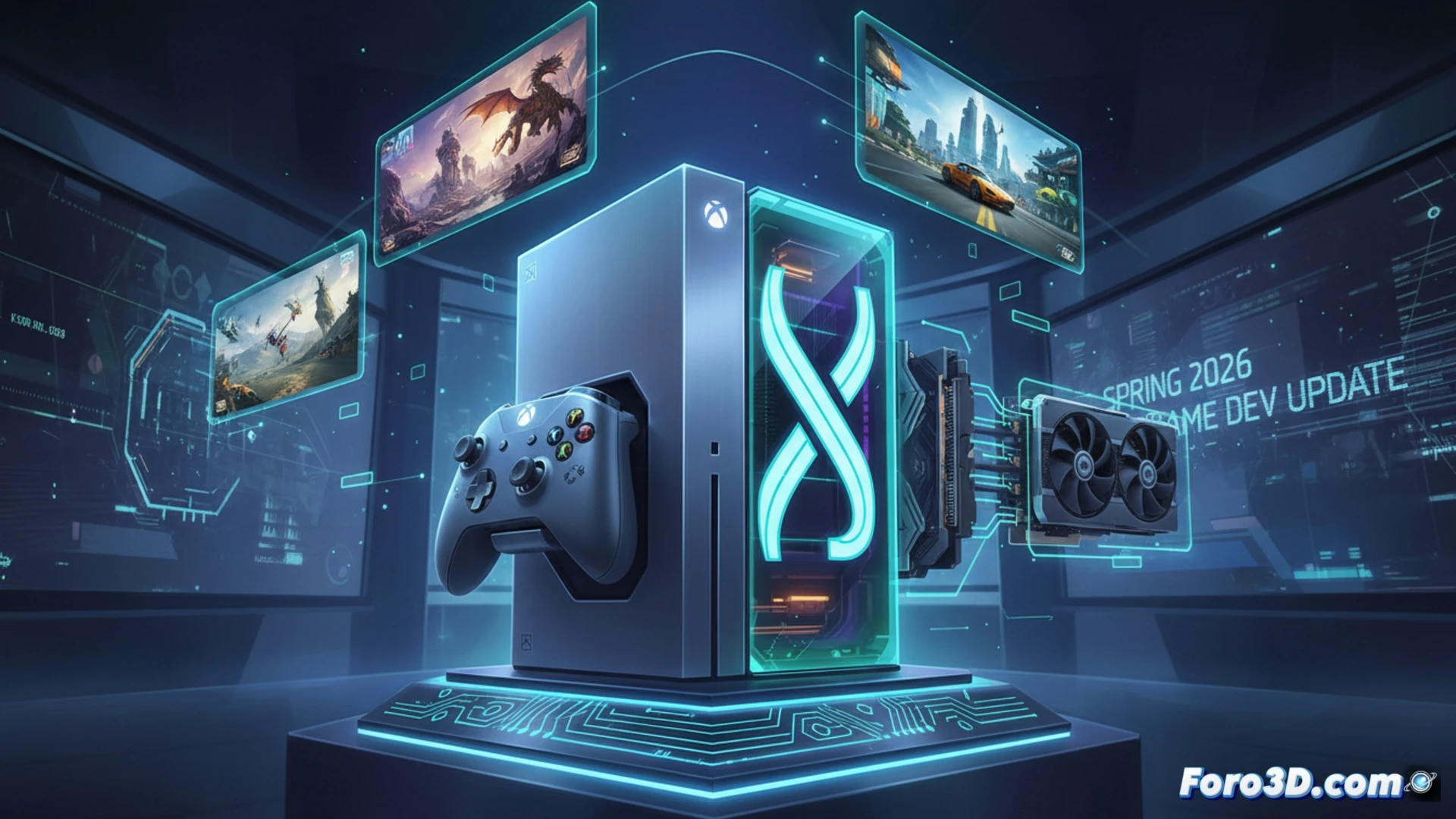 Descripción detallada (80-120 caracteres):  
Una consola Xbox fusionada con una PC gaming, con el logo de Project Helix brillando en azul y verde, rodeada de luces de circuito y sombras futuristas.