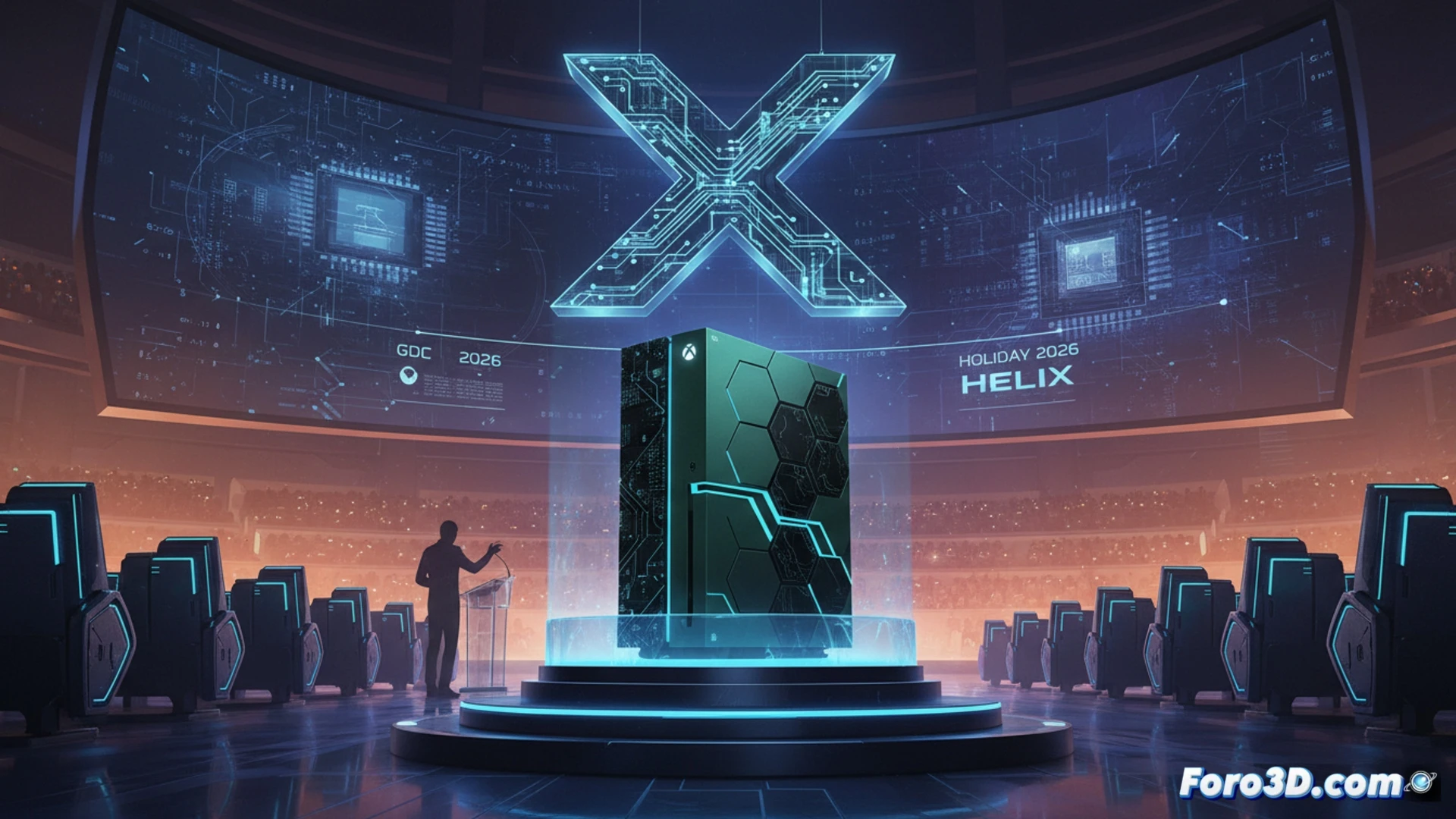 Consola Project Helix iluminada con luces neón azules y verdes, sobre fondo oscuro, con el logo de Xbox y texto '2026' en primer plano.