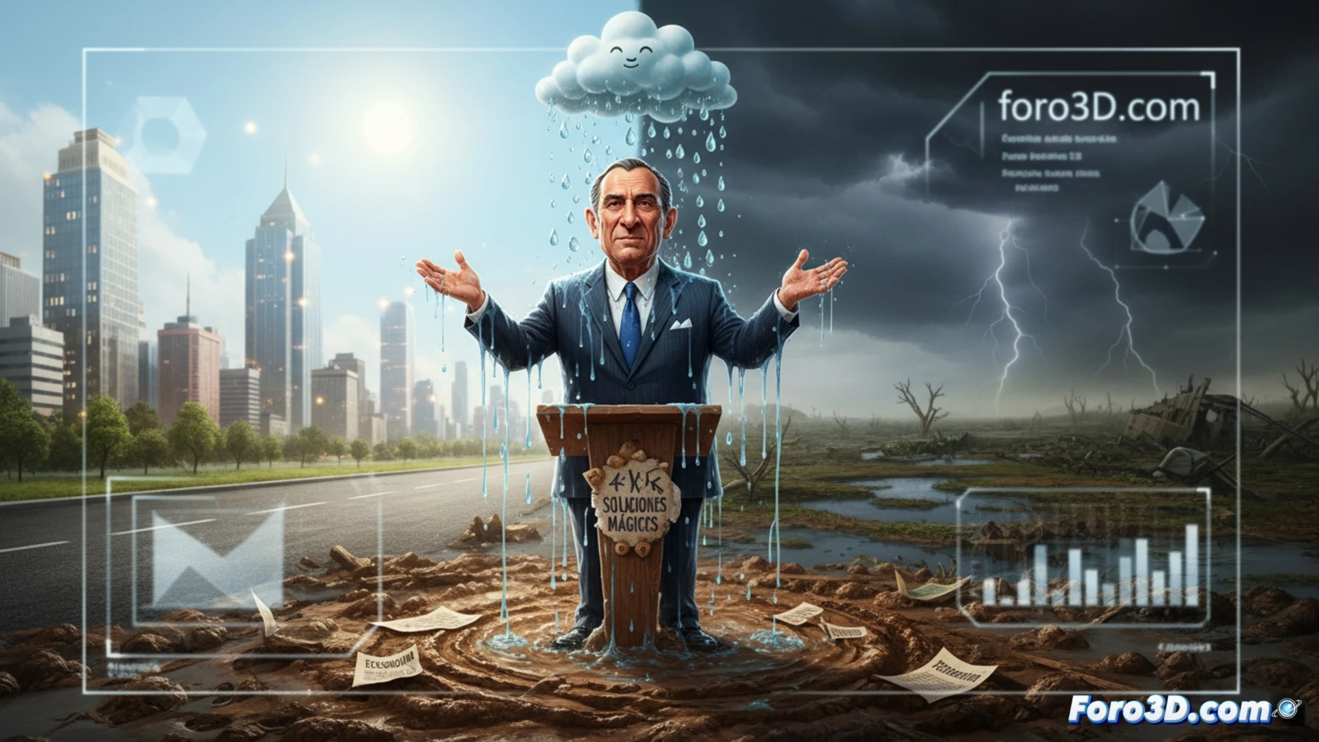photorealistic technical illustration, summer rain shower over a government building rooftop, water evaporating from solar panels and server racks within seconds, puddle drying rapidly on asphalt, abandoned campaign flyers dissolving into mud, a laptop with circuit board exposed short-circuits from a single raindrop, cinematic lighting with dark storm clouds parting to harsh sunlight, ultra-detailed water droplets on metal surfaces, engineering visualization of rapid evaporation process, motion blur of vanishing moisture, dramatic contrast between wet and dry zones