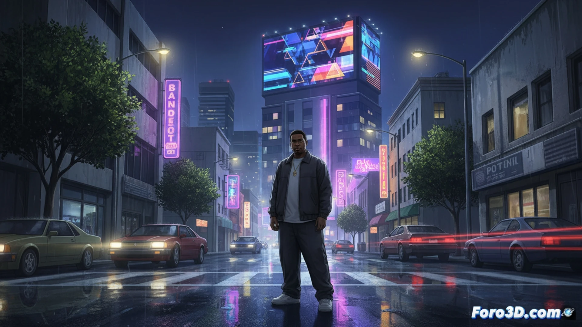 Una escena nocturna del GTA San Andreas renovada: calles mojadas reflejan luces de neón y faros de coches, con sombras dinámicas nítidas sobre edificios texturizados, bajo un cielo oscuro sin filtros externos.