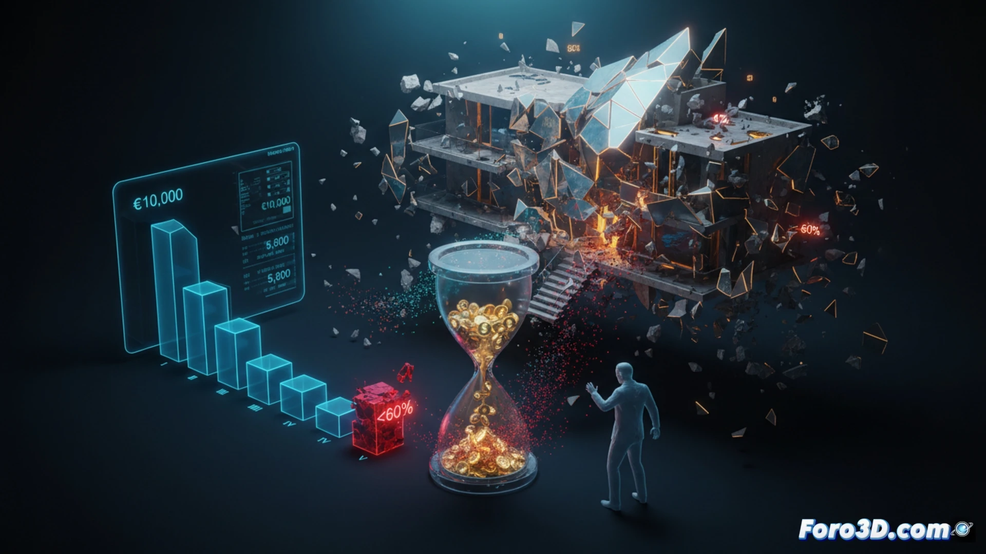 Visualización 3D interactiva de inversión fraccionada en lujo mostrando caída del valor residual por comisiones