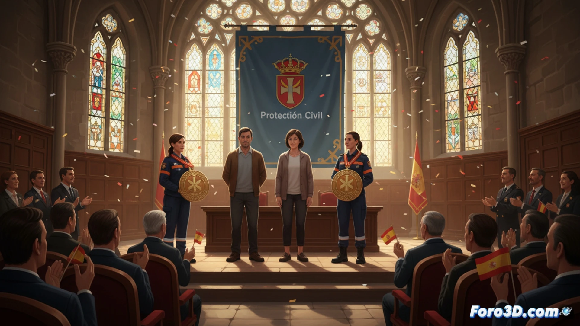Una ceremonia oficial con medallas brillando sobre un fondo de banderas, mientras ciudadanos de pie reciben el aplauso de autoridades de Protección Civil en Ciudad Real.