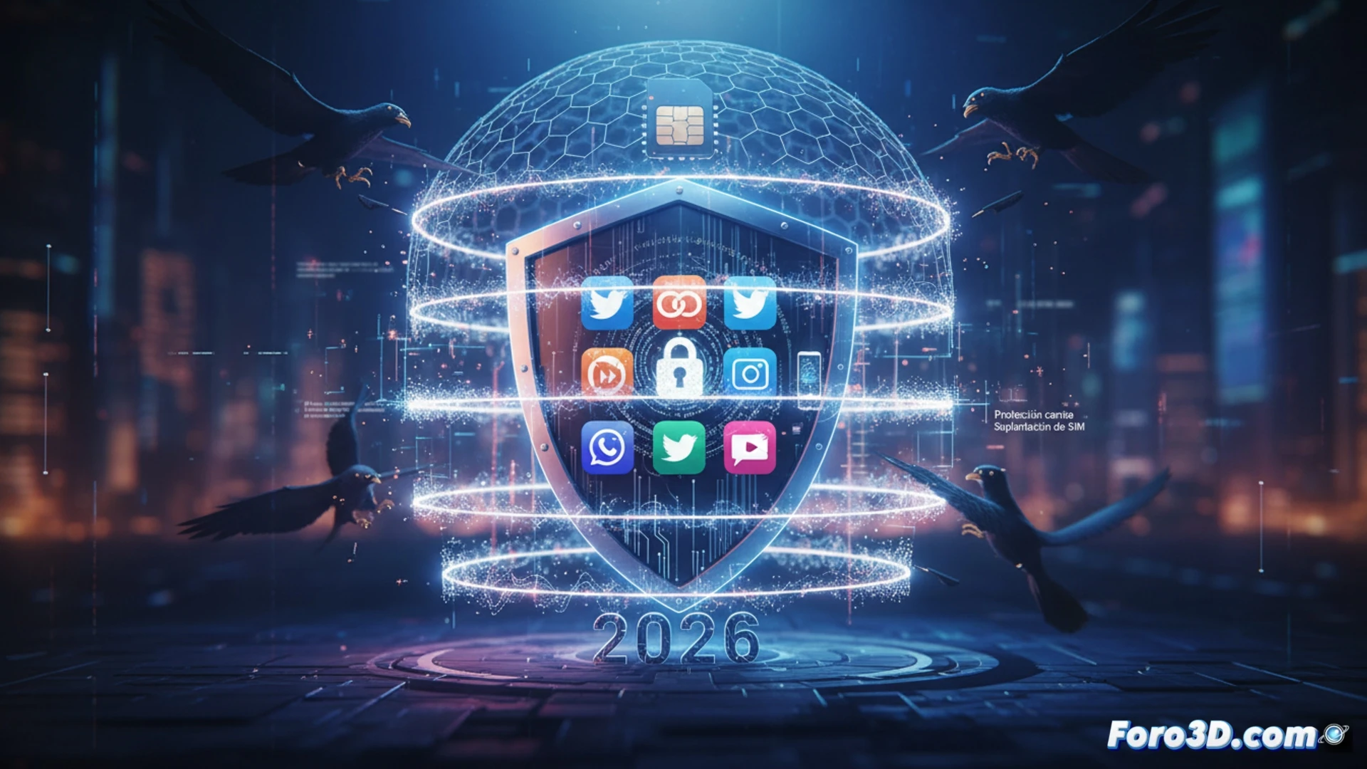 digital security layered protection scene, three transparent shield layers floating above a smartphone screen showing Instagram TikTok and X app icons, a glowing SIM card being intercepted by a robotic arm while fingerprint and facial recognition symbols activate around the device, padlock icons connecting through encrypted data streams between layers, photorealistic technical illustration, dark blue cybersecurity interface background with neon cyan highlights, holographic authentication process in action, intricate circuit board textures visible beneath the shields, dramatic edge lighting emphasizing the layered defense mechanism, ultra-detailed hardware and software components demonstration