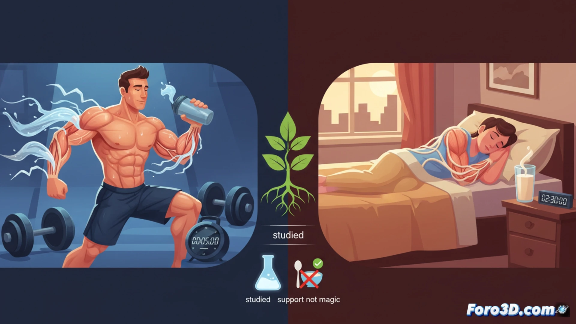 Una ilustración que muestre un vaso con proteína whey junto a un reloj de arena rápido, y otro vaso con caseína junto a una luna creciente, con una cuchara y un bloque de proteína vegetal al fondo, simbolizando absorción rápida vs lenta y apoyo nocturno.