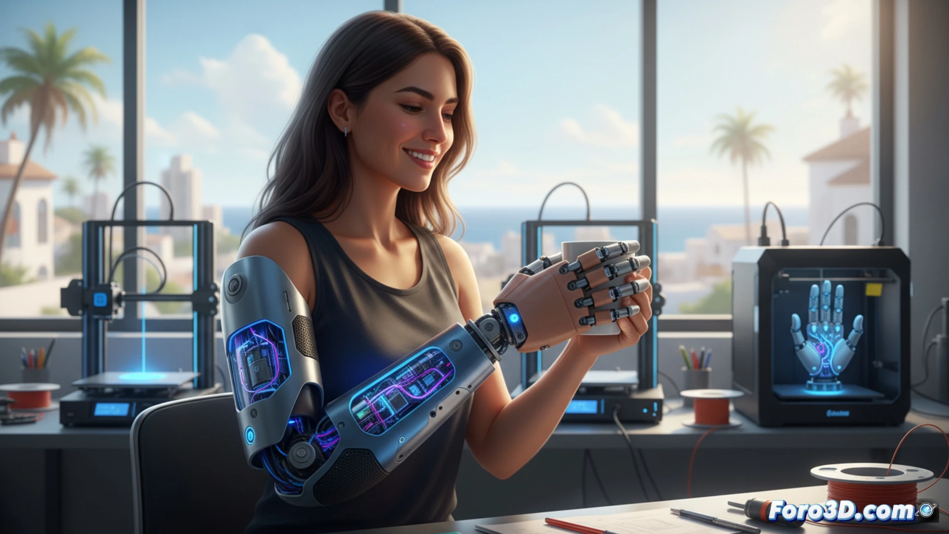 ingeniero ajustando una prótesis de brazo modular impresa en 3D en un taller iluminado, la mano protésica agarrando una manzana mientras sensores LED azules se iluminan en el antebrazo, piezas de filamento PLA sobre la mesa junto a una pantalla de software CAD mostrando el diseño personalizado, engranajes y cables expuestos en la articulación del codo, fondo con estanterías de herramientas y componentes electrónicos, estilo cinematic photorealistic, iluminación industrial cálida, textura rugosa del plástico impreso, reflejos metálicos en los conectores, profundidad de campo reducida, render técnico ultra detallado