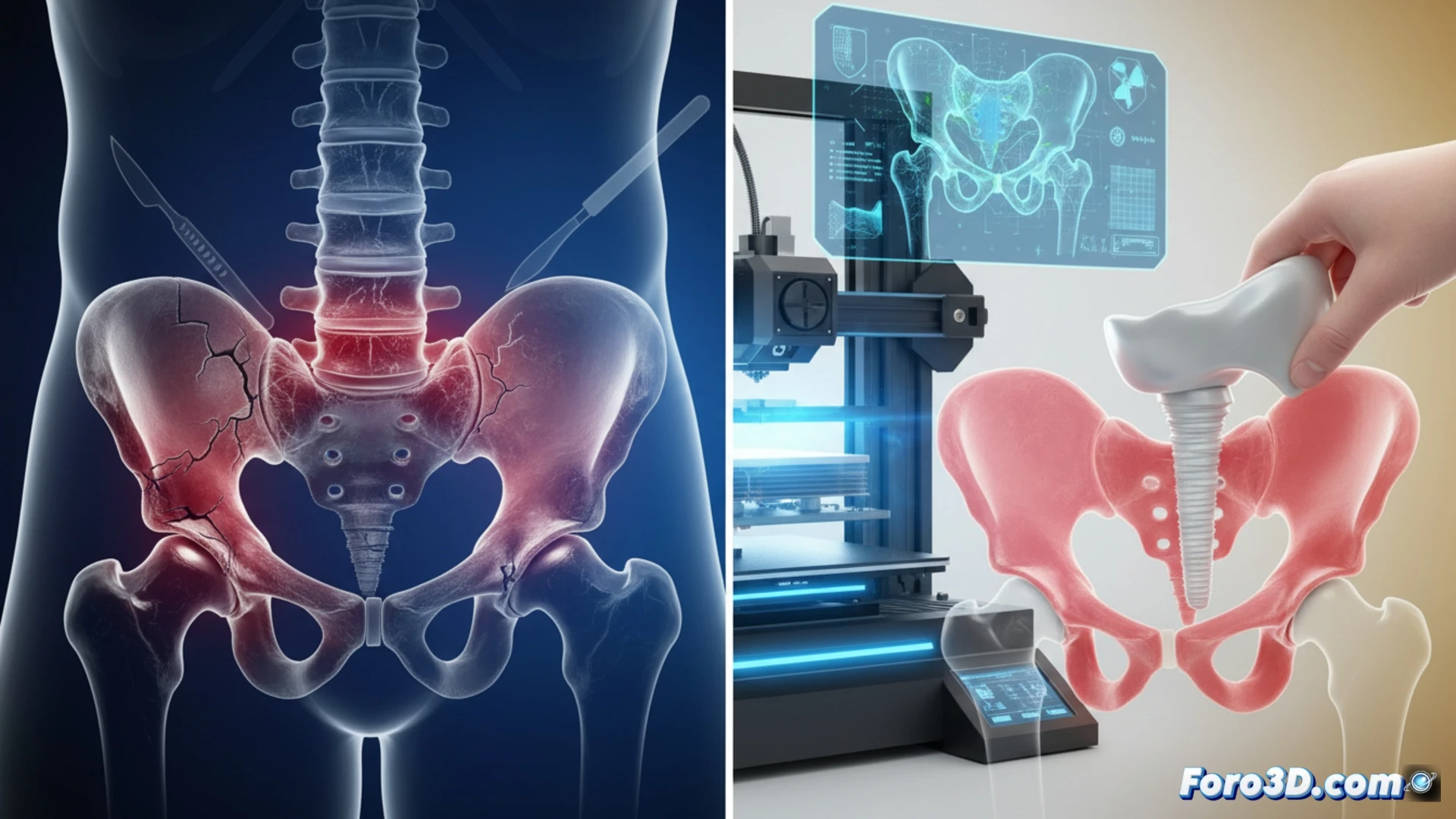 Prótesis de cadera personalizada impresa en 3D sobre modelo anatómico humano con escaneo biomecánico