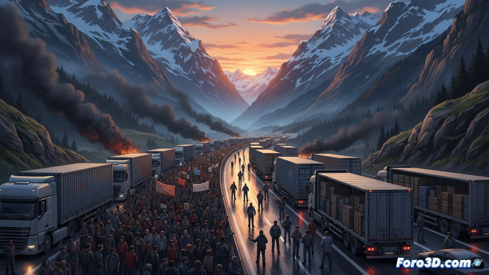 Massive traffic jam at Brenner Pass alpine highway, hundreds of trucks and cars stationary in both directions, a digital traffic monitoring screen showing red congestion lines, GPS navigation devices displaying detour routes, construction barriers and warning signs blocking the road, frustrated drivers standing beside vehicles, cargo trucks with refrigeration units and tarpaulins idling, snow-covered mountain peaks in background, cinematic photorealistic visualization, dramatic overcast sky, ultra-detailed vehicle textures, realistic European highway infrastructure, dense queue stretching to horizon, technical engineering illustration style
