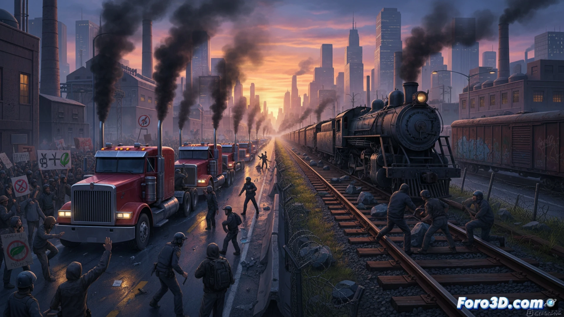 photorealistic scene of a diesel truck blocking a railway crossing while a vintage locomotive idles on rusted tracks, smoke mixing with exhaust, a protester holding a sign stands between a broken signal box and a potholed road, contrast between smooth asphalt for trucks and neglected rail infrastructure, cinematic lighting with overcast sky, technical detail showing outdated railway switches and overhead wires missing, muddy ground where rail meets road, industrial wasteland background, dramatic tension between transport modes, ultra-detailed textures of metal and gravel