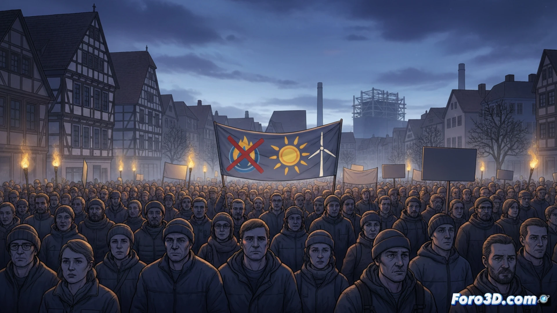 crowd of protesters holding solar panels and wind turbine blades in front of a gas plant construction site, workers welding pipes on a half-built gas facility while activists block the entrance, smoke rising from cooling towers in the background, banners with renewable energy symbols, photorealistic cinematic visualization, dramatic overcast sky, high contrast lighting, detailed industrial machinery, welding sparks visible, motion blur on moving protesters, ultra-detailed textures of steel and concrete, documentary-style technical render
