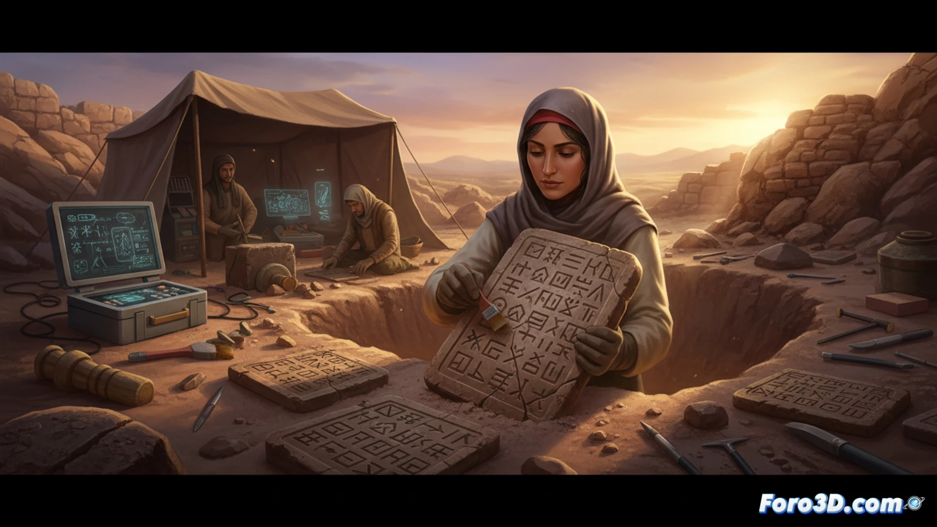 Una tablilla de arcilla con signos proto-elamitas, junto a un pergamino antiguo y un mapa de Irán, bajo luz tenue.