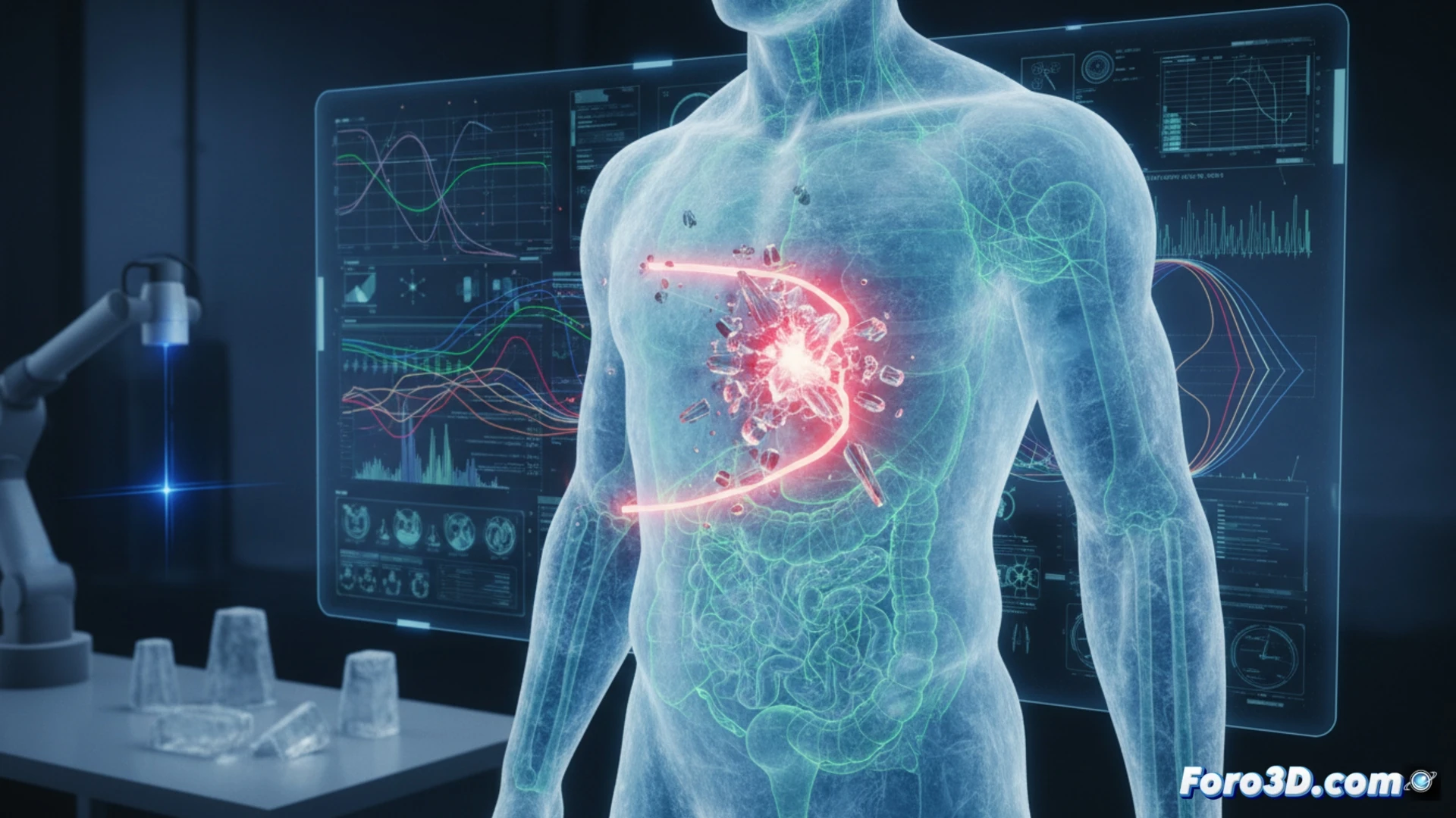 Escaneo 3D forense de cavidad en gel balístico para simulación de impacto de proyectil de hielo