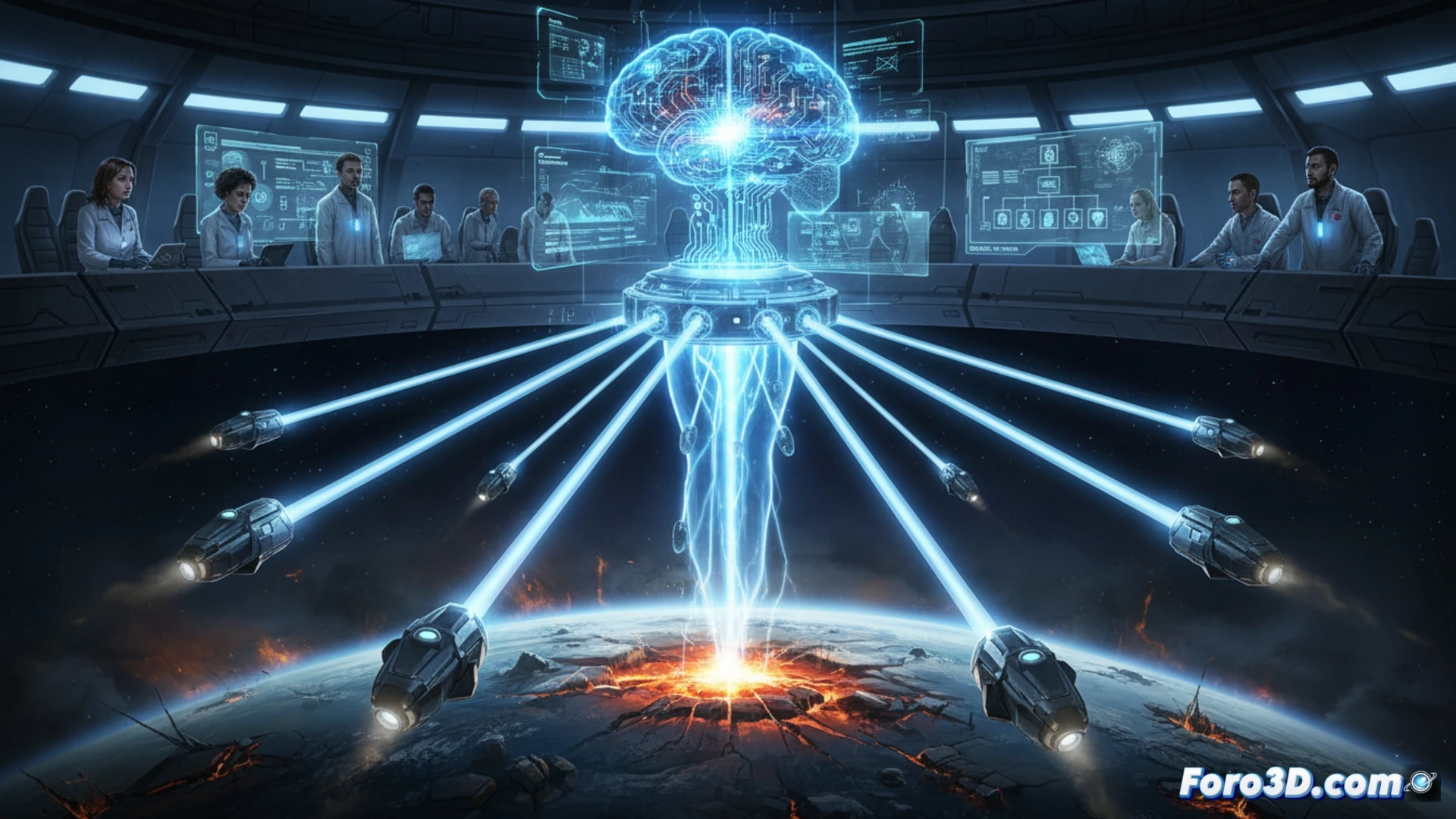 Central control room bathed in red emergency lights, holographic globe displaying orbital trajectory paths, three engineers urgently adjusting floating interface screens while an AI core pulses with blue light in the background, multiple data streams showing countdown timers and system diagnostics, visible stress on faces as hands manipulate transparent keyboards, cinematic sci-fi visualization, metallic surfaces reflecting digital readouts, dramatic shadows crossing technical equipment, photorealistic engineering render, high contrast industrial lighting, ultra-detailed hardware panels with glowing status indicators
