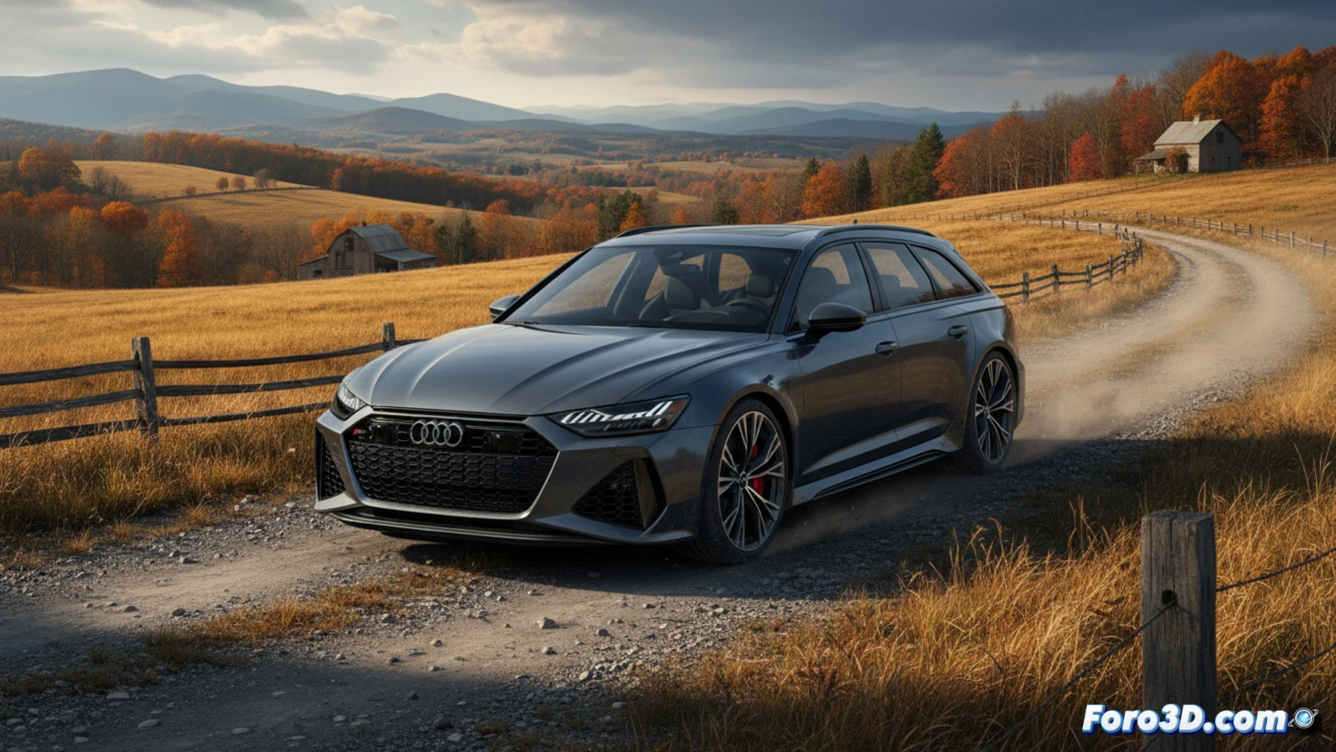 Audi RS 6 Avant 2026 levantando polvo en un camino rural de grava en Virginia, neumáticos traseros perdiendo tracción al acelerar en curva, suspensión neumática comprimida, escape trasero expulsando calor visible, sistema de tracción quattro activo mostrando distribución de par en ruedas, panel de instrumentos digital mostrando modo dinámico y consumo instantáneo, paisaje boscoso otoñal al fondo, luz de atardecer filtrándose entre árboles, estilo cinematográfico realista, detalle técnico en chasis y componentes mecánicos, polvo iluminado por rayos solares, textura de asfalto roto bajo las ruedas, composición dinámica con desenfoque de movimiento, render fotorrealista de alta gama.