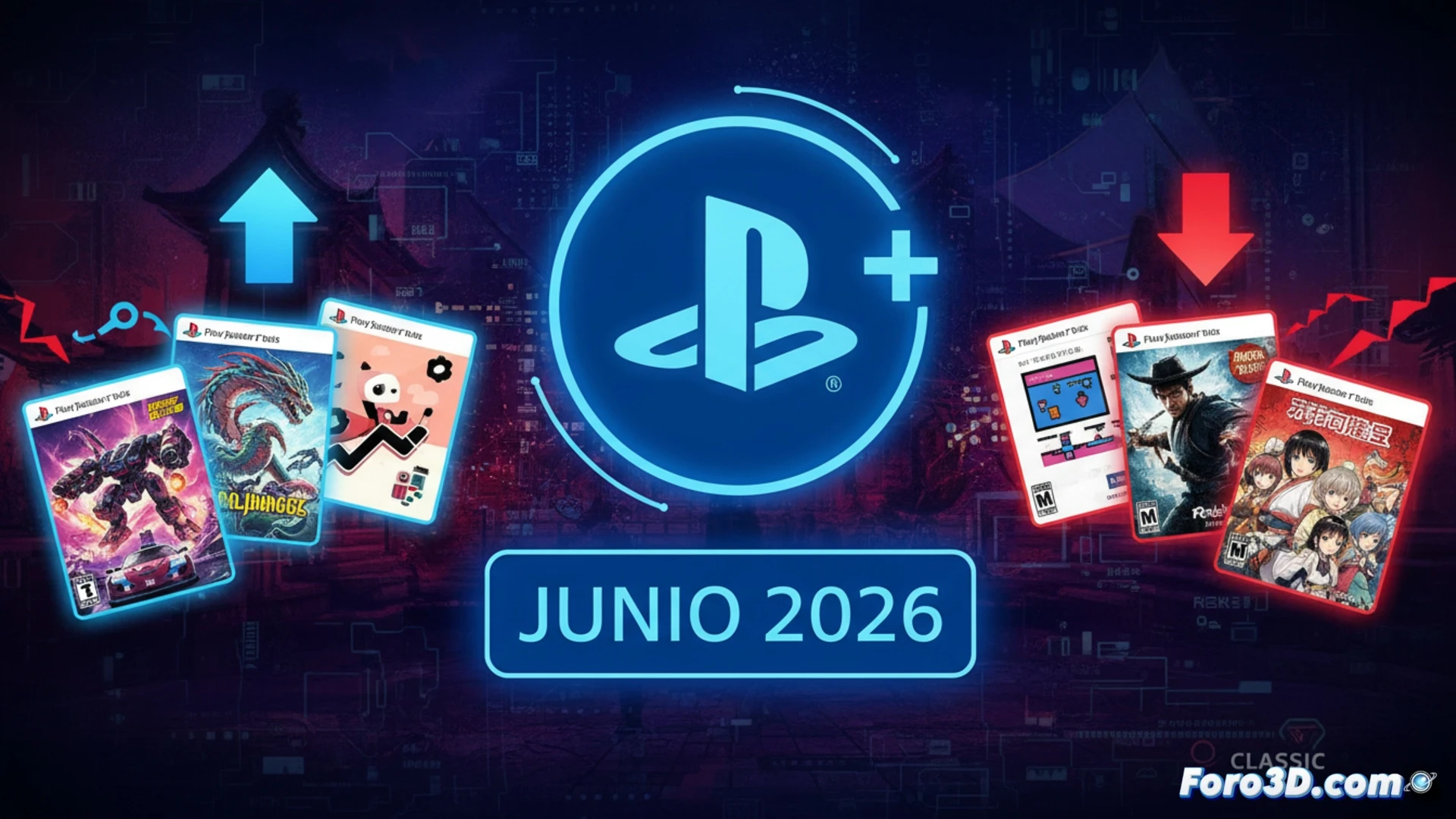 PlayStation Plus digital interface fragmenting, four game icons breaking away from a glowing blue library grid, one Rockstar title cracking apart mid-air while classic remastered covers fade into particles, Japanese PlayStation account notification glowing faintly in background, cinematic technical visualization, metallic blue and neon magenta highlights, shattered UI elements floating in dark void, realistic holographic debris trails, dramatic side lighting, ultra-detailed console UI aesthetic, photorealistic engineering render