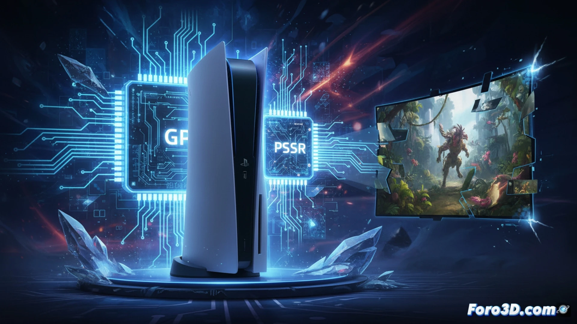 PlayStation 5 Pro motherboard cutaway view, GPU die glowing with 67 percent performance increase label absent but implied through dense transistor layout, dedicated PSSR chip with AI upscaling visible as a separate silicon block, neural network data streams flowing as luminous blue lines from chip to output, while upscaled 4K image renders in real-time showing sharpened textures and reduced aliasing, developers debugging on adjacent monitors with code windows, cinematic engineering visualization, photorealistic metallic surfaces, cool blue and white industrial lighting, ultra-detailed PCB traces, futuristic hardware render