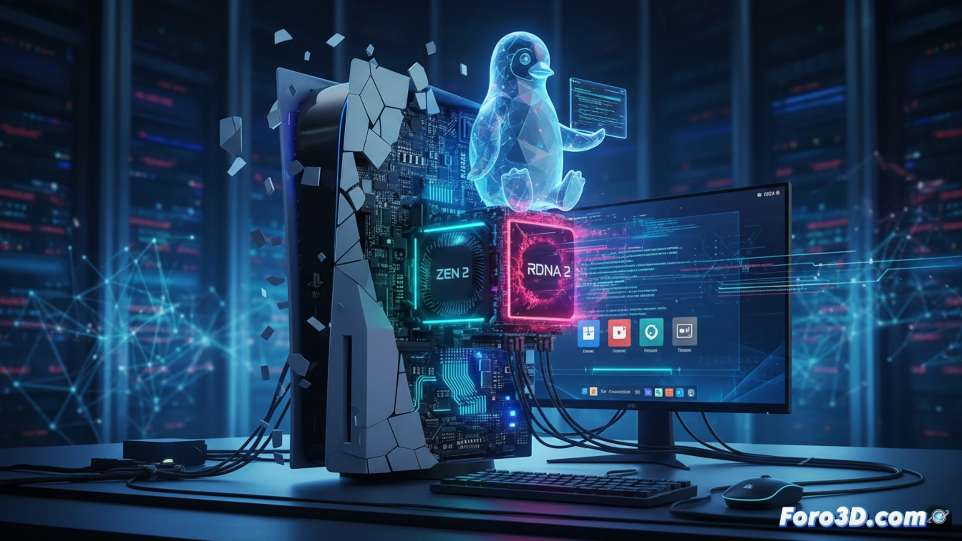 Una PS5 abierta muestra Ubuntu 24.04 en pantalla, con CPU Zen 2 y GPU RDNA 2 visibles en un diagrama técnico, junto a un mensaje de exploit.