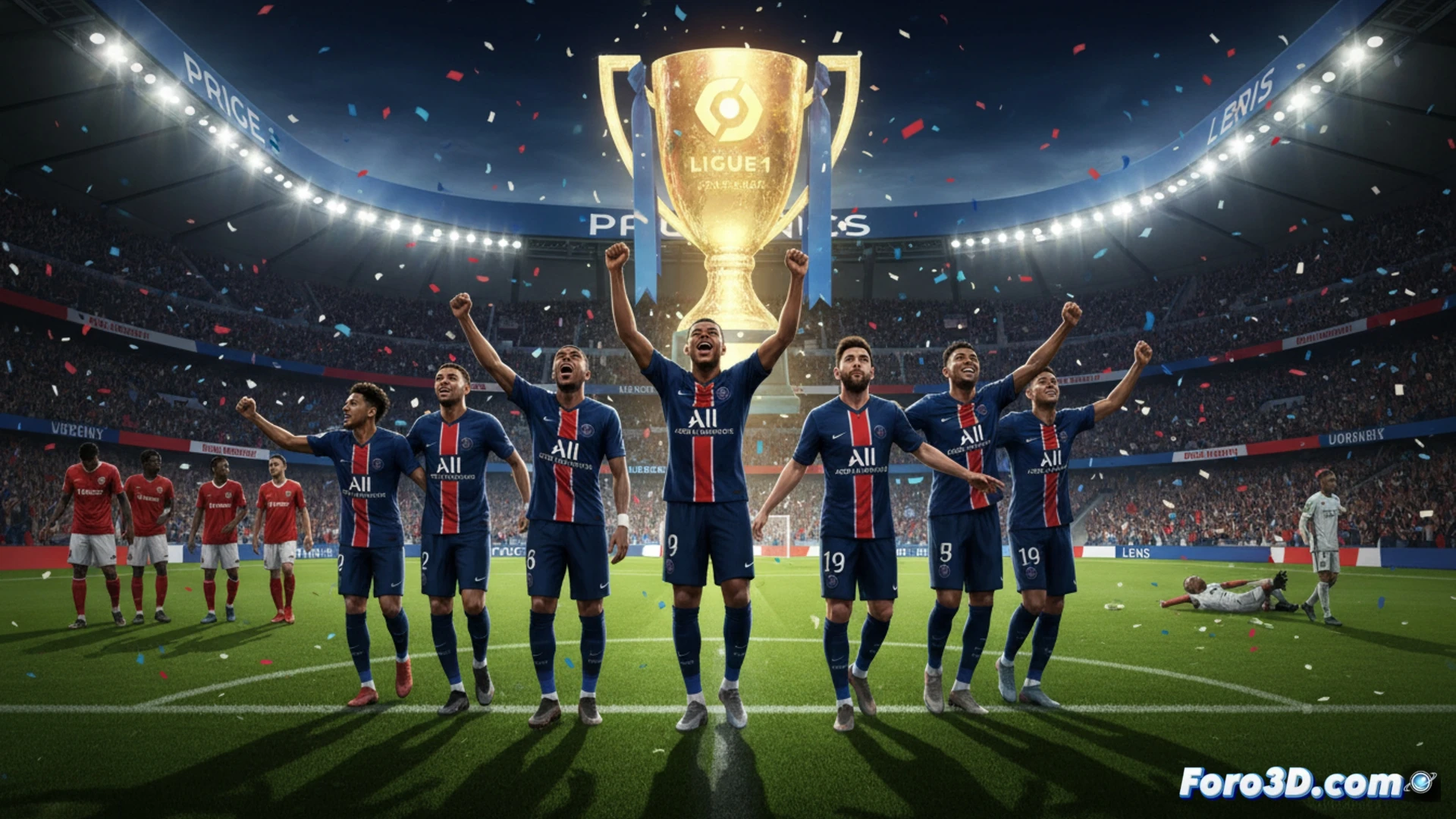 Jugadores del PSG celebran su victoria ante el Brest, con la afición de fondo y el marcador reflejando el triunfo que acerca la Ligue 1.
