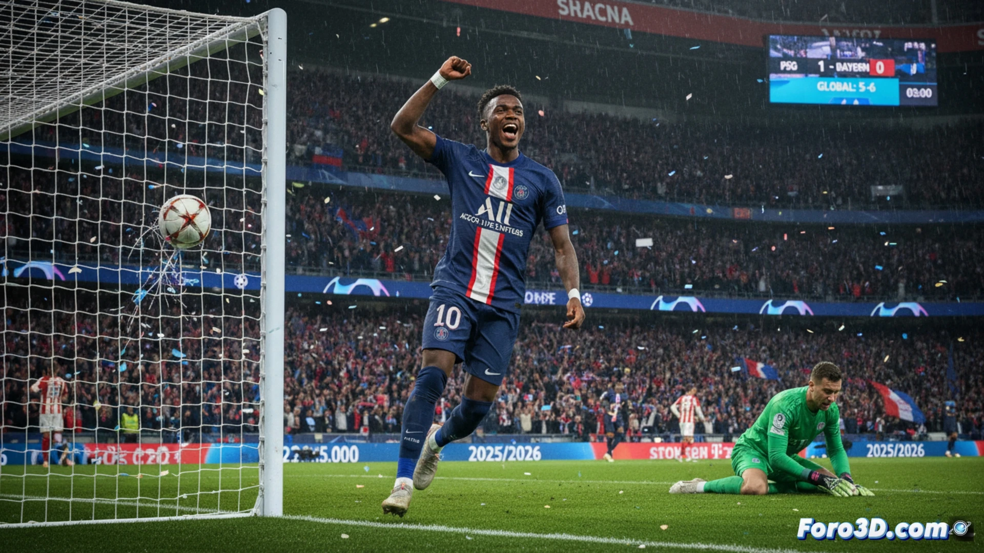 Descripción (80-120 caracteres):
Ousmane Dembélé celebra su gol ante el Bayern; el PSG defiende el muro en el Allianz Arena rumbo a la final.