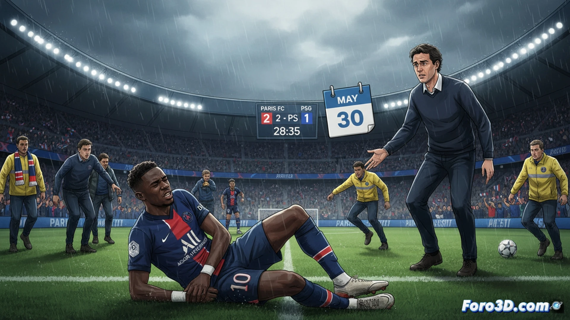 PSG medical staff surrounding Ousmane Dembélé on the pitch, his right hand gripping his left hamstring, while a tablet displays a real-time muscle strain heatmap overlay, Paris FC players in the background celebrating, Luis Enrique watching from the sideline with a tense expression, cinematic sports photography style, photorealistic render, dramatic stadium floodlights casting long shadows, sweat droplets visible on Dembélé s face, medical kit open beside him, ultra-detailed fabric textures, motion blur on distant players, high-contrast evening lighting