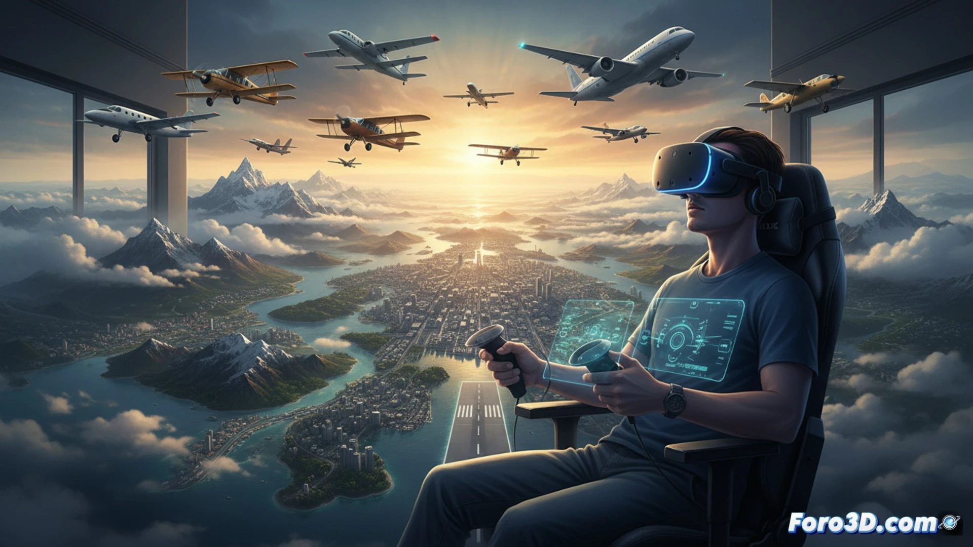 Jugador con casco PSVR2 y mando, sentado en cabina virtual de avión sobre paisaje realista, cielo naranja al atardecer.