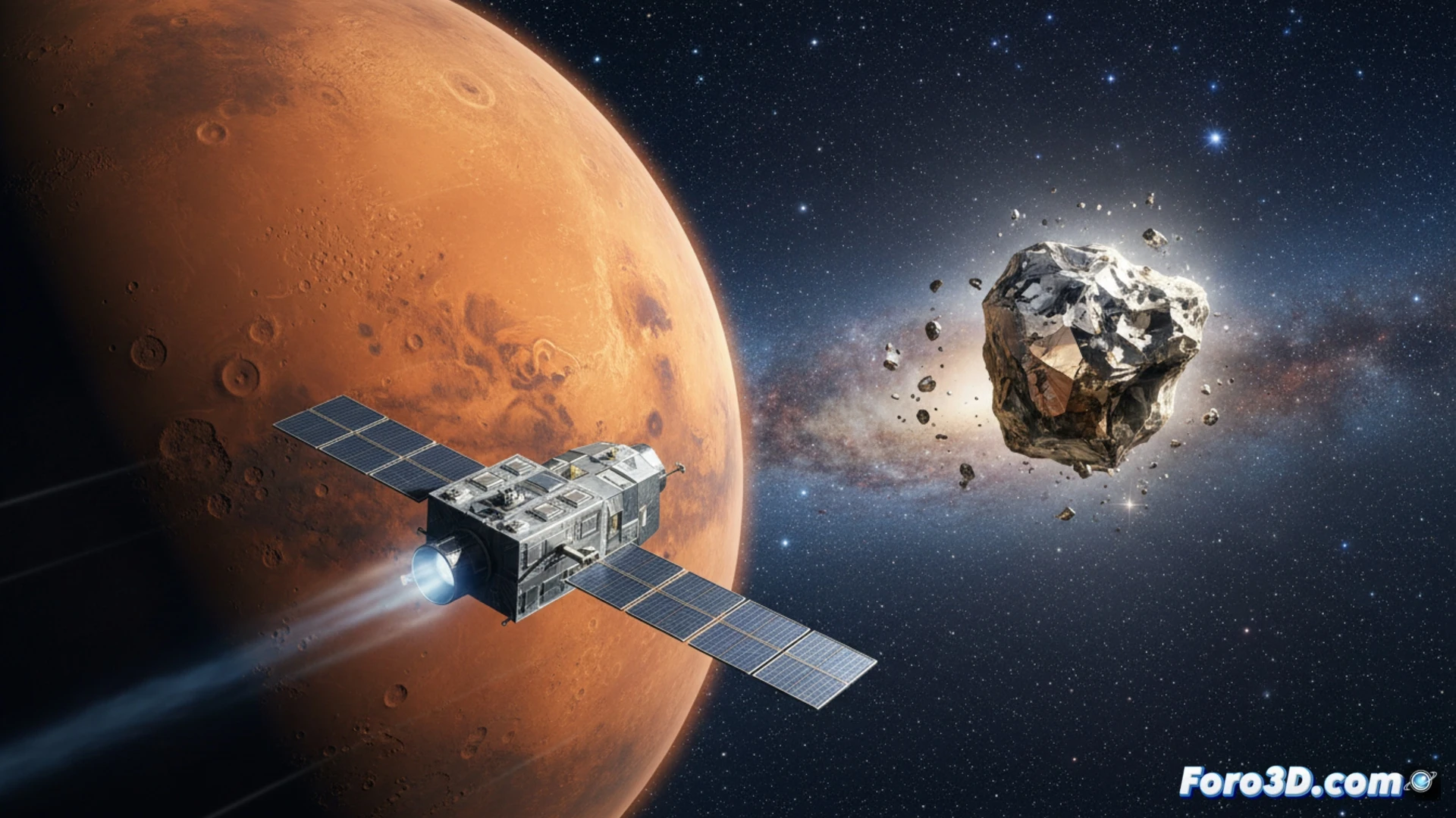 Nave espacial Psyche maniobrando cerca de Marte, campo gravitatorio del planeta rojo curvando la trayectoria de la sonda, paneles solares desplegados reflejando luz estelar, propulsores de iones emitiendo un tenue resplandor azul durante la corrección de rumbo, superficie marciana con cráteres y cañones al fondo, estela de partículas metálicas microscópicas, líneas de trayectoria orbital en naranja y blanco, estilo cinematic engineering visualization, iluminación dramática desde el Sol, texturas detalladas de materiales compuestos y titanio, photorealistic technical render, alta definición, contraste entre el rojo de Marte y el metal plateado de la nave.