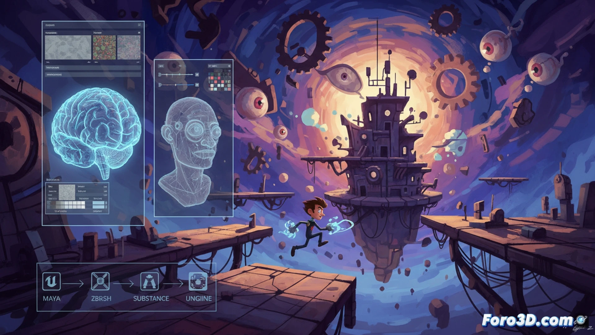[Psychonauts 2 escena surrealista con personajes coloridos en Unreal Engine 4, estilos artísticos variados]