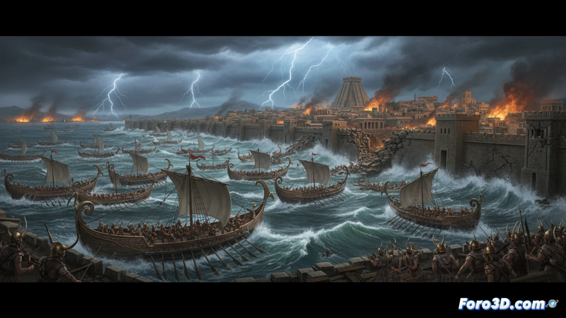 Bronze Age warships crashing against fortified coastal city walls, warriors with round shields and horned helmets storming through burning gates, collapsing stone towers and shattered chariots, smoke billowing over harbor filled with sinking ships, dramatic cinematic lighting from massive firestorm, photorealistic historical visualization, ultra-detailed ancient armor and architecture, chaotic battle motion blur, dark orange and ash-grey color palette, intense apocalyptic atmosphere