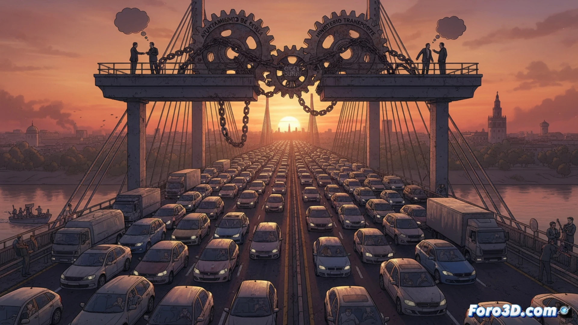 Aerial view of Puente del Centenario bridge in Seville during peak hour traffic jam, cars and buses bumper-to-bumper forming a solid line of red taillights, construction barriers blocking one lane, workers inspecting halted machinery near exposed concrete pillars, technical engineering visualization, metallic bridge cables reflecting sunset light, digital overlay showing delay simulation lines, photorealistic urban infrastructure render, dramatic tension between stopped vehicles and unfinished works, cinematic wide shot