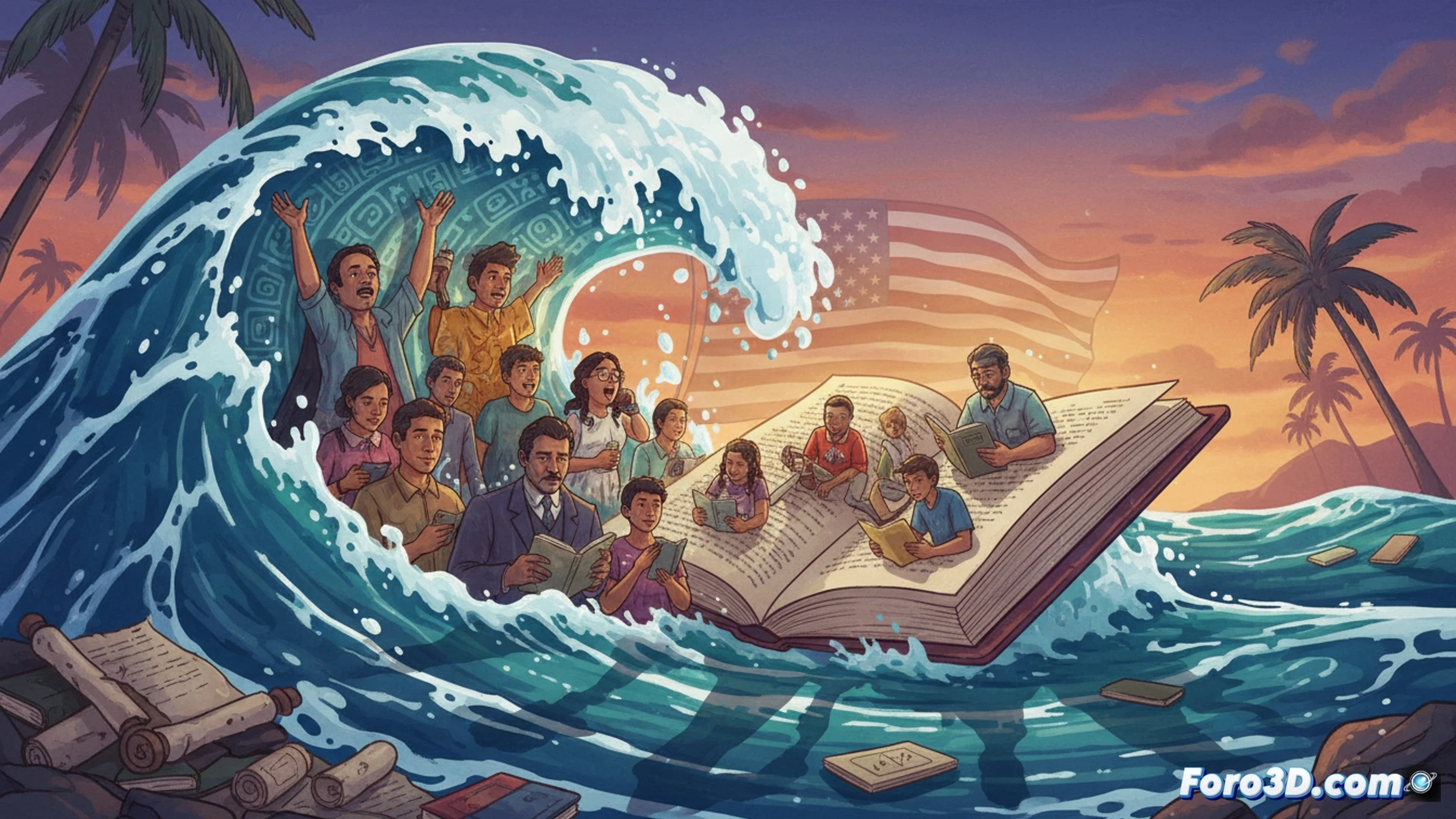 Una costa rocosa del Caribe. Una bandera estadounidense ondea sobre olas de tinta española que golpean un libro abierto en la arena.