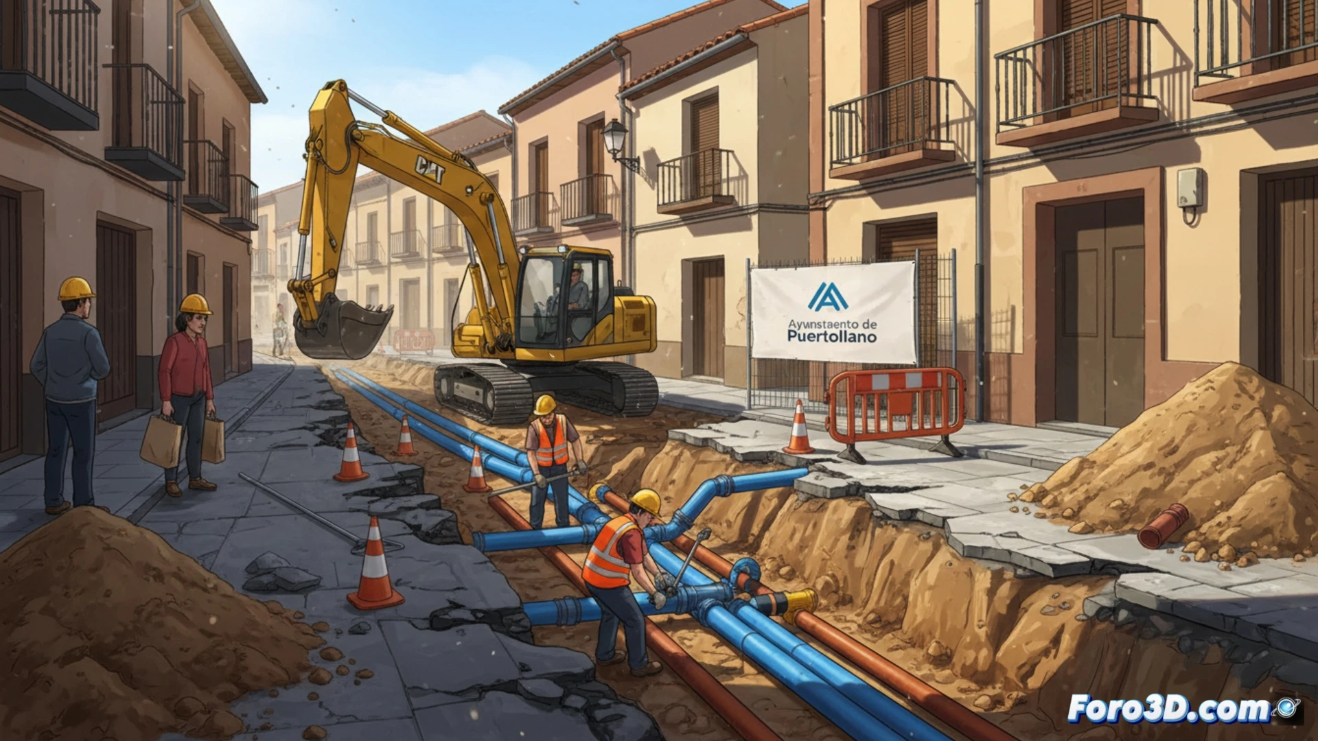 Renovación de tuberías en calle urbana, operarios instalando nuevas tuberías de polietileno azul en zanja abierta, grúa hidráulica colocando secciones de tubería, máquina excavadora retirando tierra, tuberías viejas oxidadas apiladas al lado, válvulas de compuerta nuevas siendo ajustadas con llaves de torque, ingeniero revisando planos técnicos en tableta digital, fondo de edificios residenciales, señalización vial naranja, estilo fotorealista técnico, iluminación natural de día nublado, texturas detalladas de metal y plástico, profundidad de campo moderada, acción de reemplazo en progreso