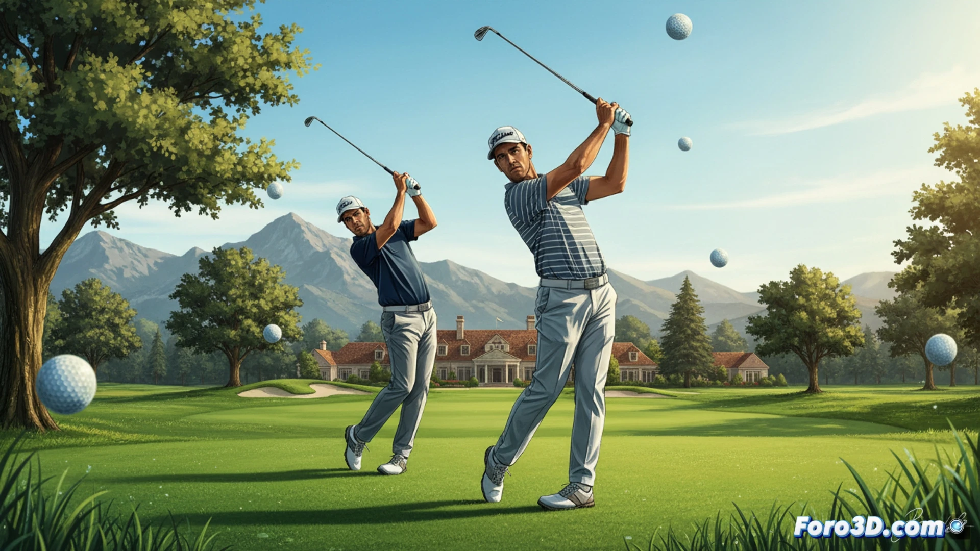 golpe de golf de David Puig en el hoyo 18, swing completo capturado en cámara lenta, cara del palo impactando la bola con giro visible, hierba levantada del tee, marcador de clasificación digital al fondo mostrando posiciones de Puig y Rahm, estadísticas de distancia y precisión superpuestas en pantallas de datos, estadio de torneo lleno, luces de torneo nocturno, brisa moviendo banderas de green, estilo cinematográfico fotorrealista, iluminación dramática de atardecer, profundidad de campo reducida, textura detallada del césped y equipamiento