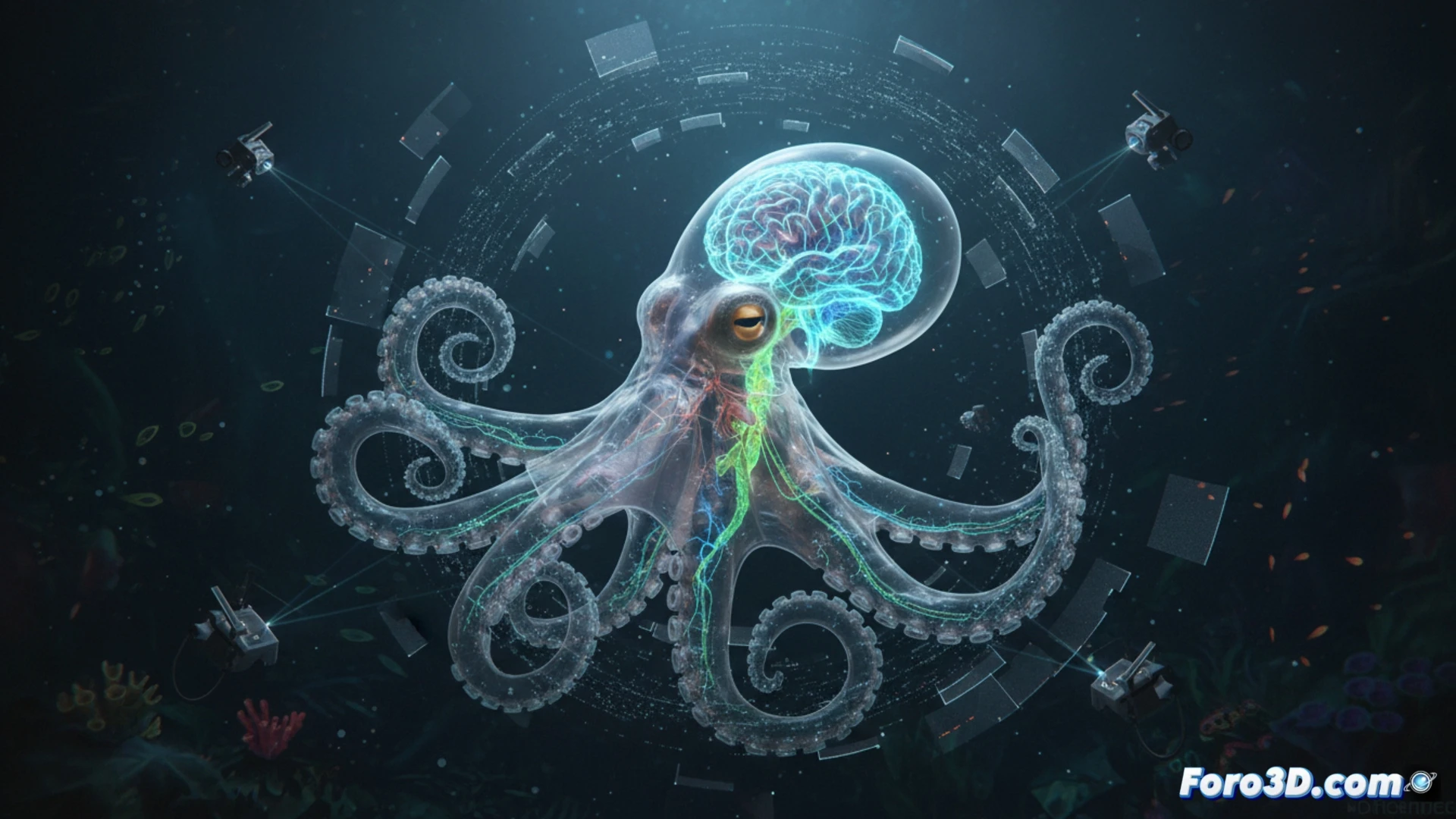 Escaneo 3D del pulpo de cristal transparente revela cerebro y nervios ópticos detallados con fluorescencia