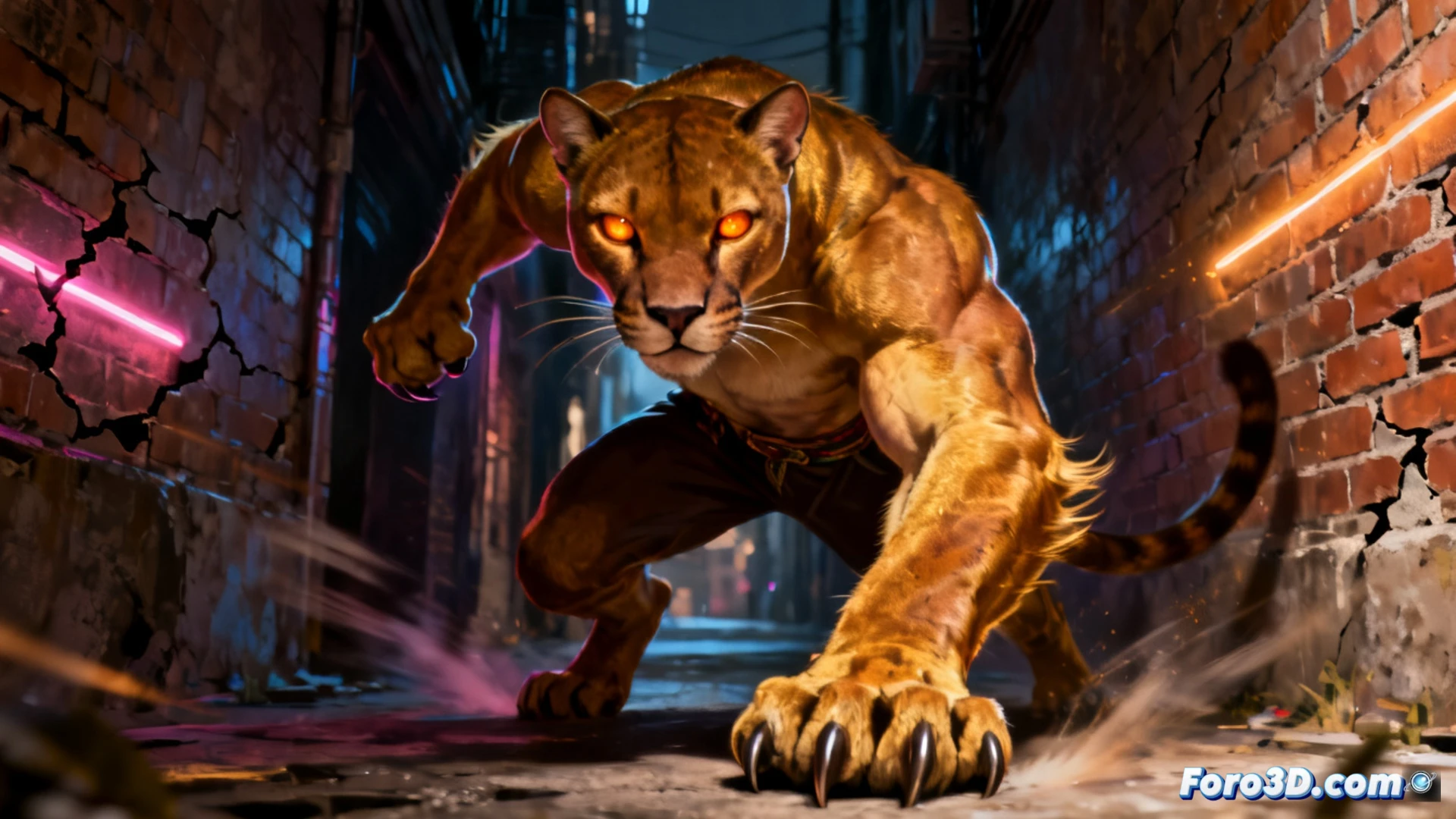 Puma acecha desde sombras urbanas, con garras y ojos felinos, tras Spidey en acción sobre azoteas.