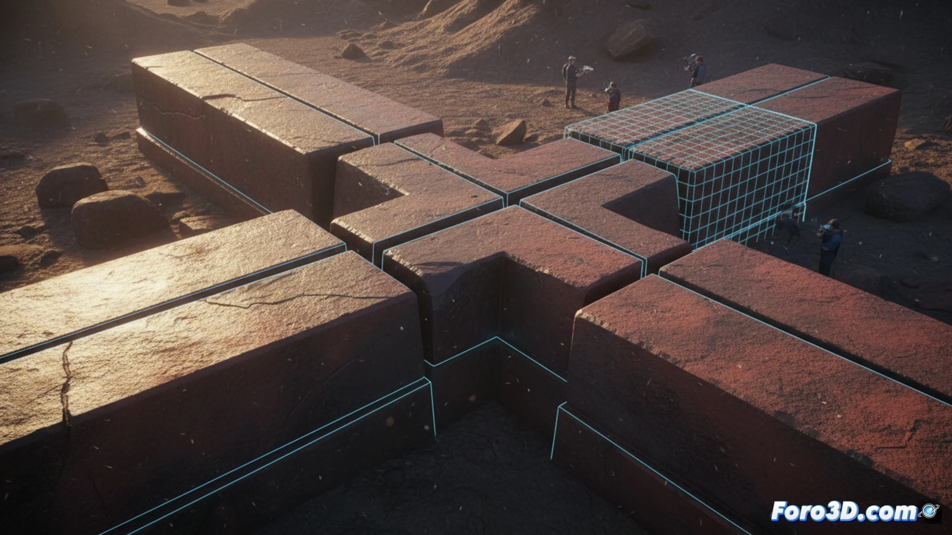 Modelo 3D de bloques de Puma Punku con cortes rectos y ángulos perfectos en piedra andina