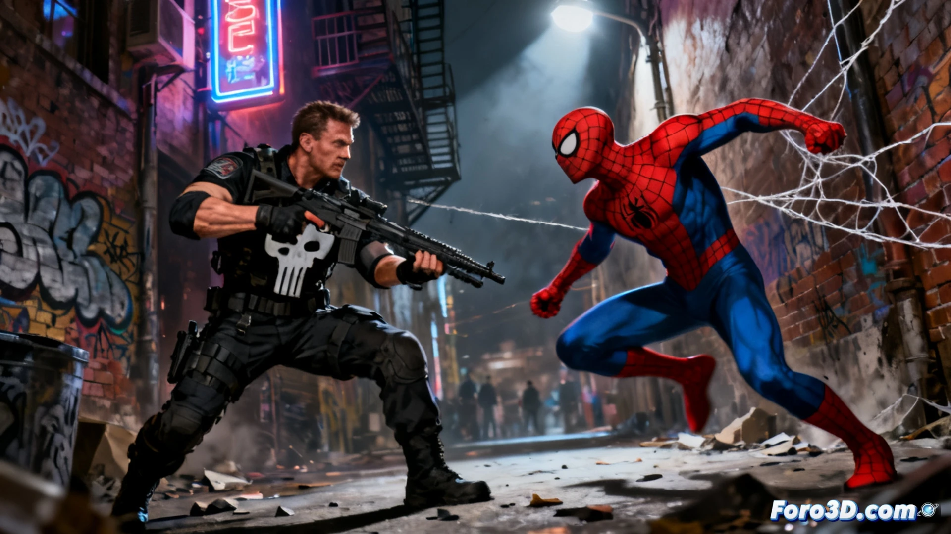 Frank Castle, con armadura y armas, avanza sombrío. Al fondo, la silueta de Spider-Man, en duelo urbano nocturno.