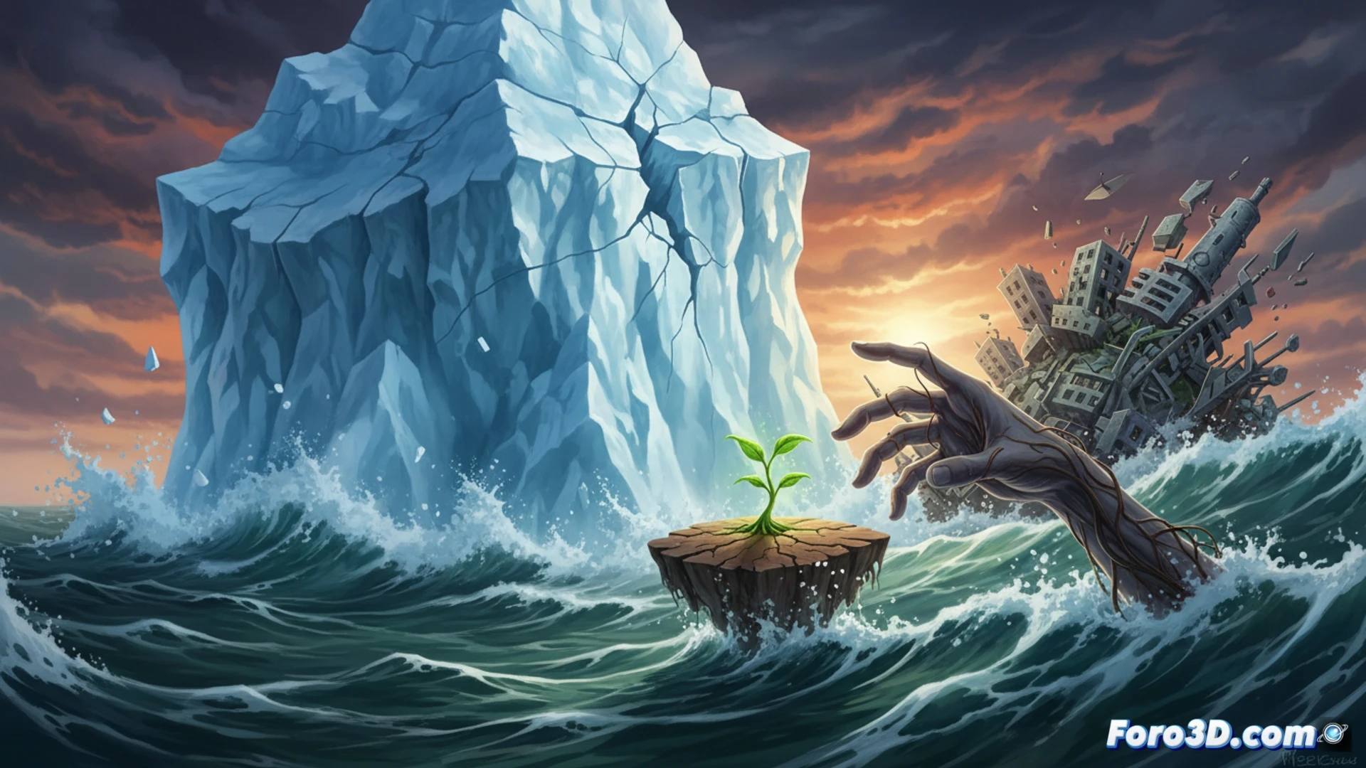 glacier calving event in Greenland, massive ice cliff breaking apart into the ocean, dark water churning with iceberg fragments, a lone researcher in orange arctic gear standing on a distant rocky outcrop holding a portable climate sensor, satellite dish on tripod transmitting real-time data, cracked ice surface showing deep blue fissures, dramatic storm clouds gathering overhead, cinematic photorealistic visualization, cold blue and grey color palette, high contrast lighting, ultra-detailed ice textures, environmental documentary style