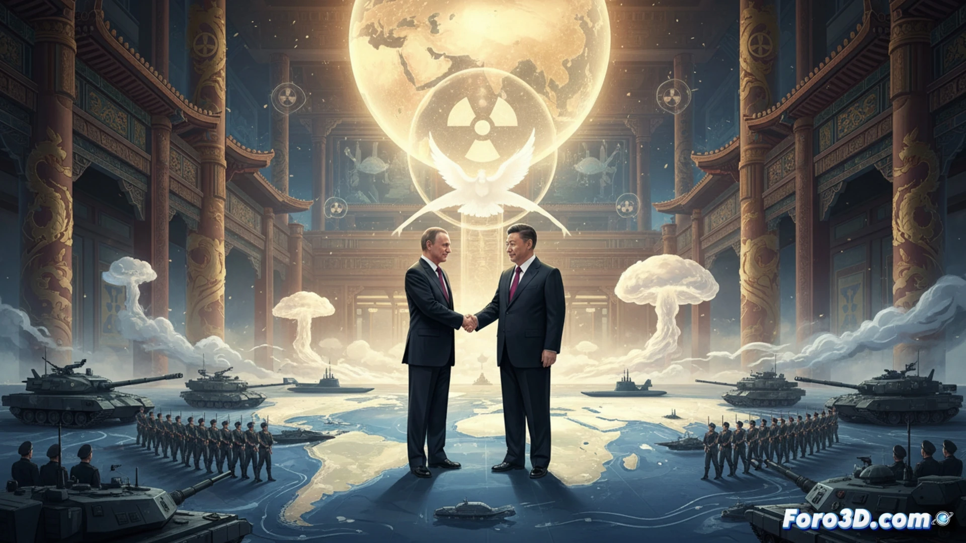 Vladimir Putin y Xi Jinping estrechándose las manos frente a un mapa holográfico del mundo, con misiles nucleares en silos abiertos al fondo, soldados chinos y rusos realizando ejercicios tácticos en un campo de entrenamiento digital, drones de vigilancia sobrevolando, paneles de control con gráficos de radar y datos de seguridad global, estilo cinematic photorealistic, iluminación dramática azul y roja, texturas metálicas detalladas, atmósfera de tensión controlada, demostrando alianza estratégica durante maniobras nucleares de tres días, sin texto visible.